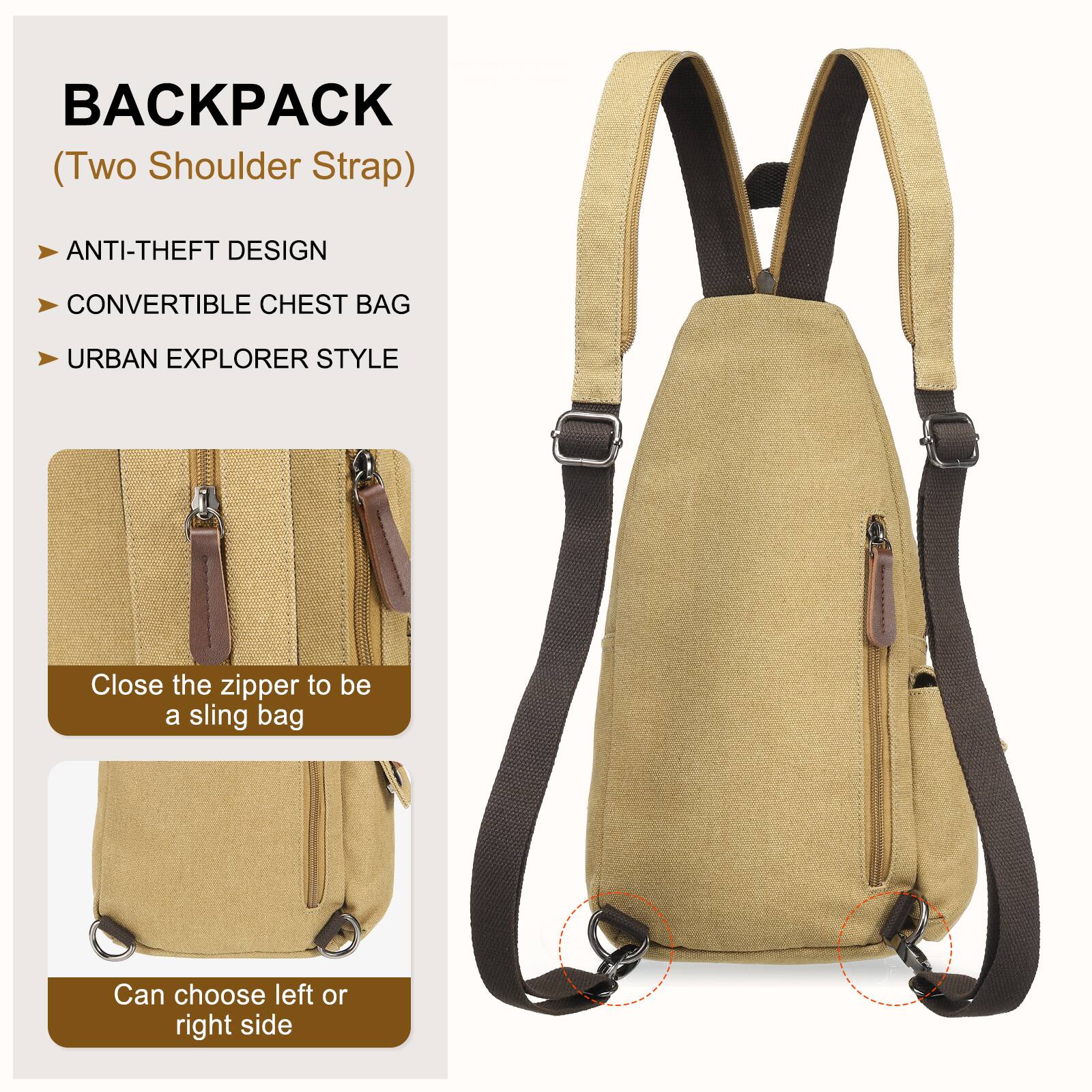 BACKPACK (Two Shoulder Strap)

- ANTI-THEFT DESIGN
- CONVERTIBLE CHEST BAG
- URBAN EXPLORER STYLE

Close the zipper to be a sling bag

Can choose left or right side