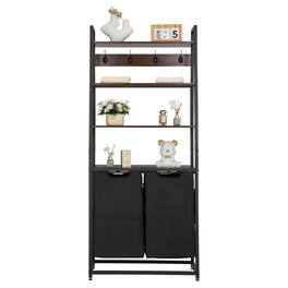 VEVOR - 4 Tiers Laundry Sorter, Tall Laundry Hamper with Shelves and Hooks, 2 Section Freestanding Basket Organizer Storage - Black, Brown