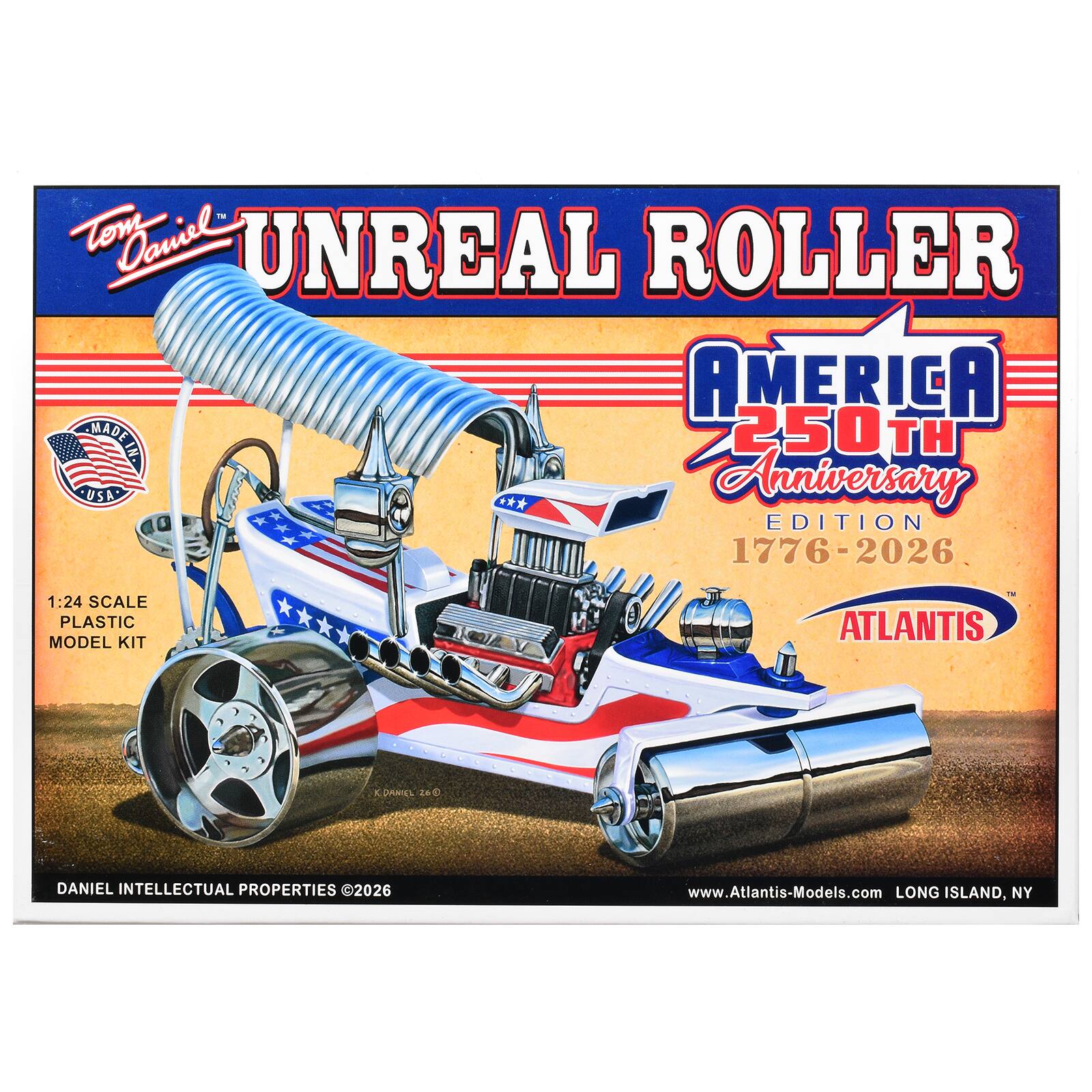 Tom Daniel's UNREAL ROLLER AMERICA 250TH ANNIVERSARY EDITION 1776-2026  
1:24 SCALE PLASTIC MODEL KIT  
ATLANTIS  
K. DANIEL 268  
DANIEL INTELLECTUAL PROPERTIES 2026  
www.Atlantis-Models.com LONG ISLAND, NY