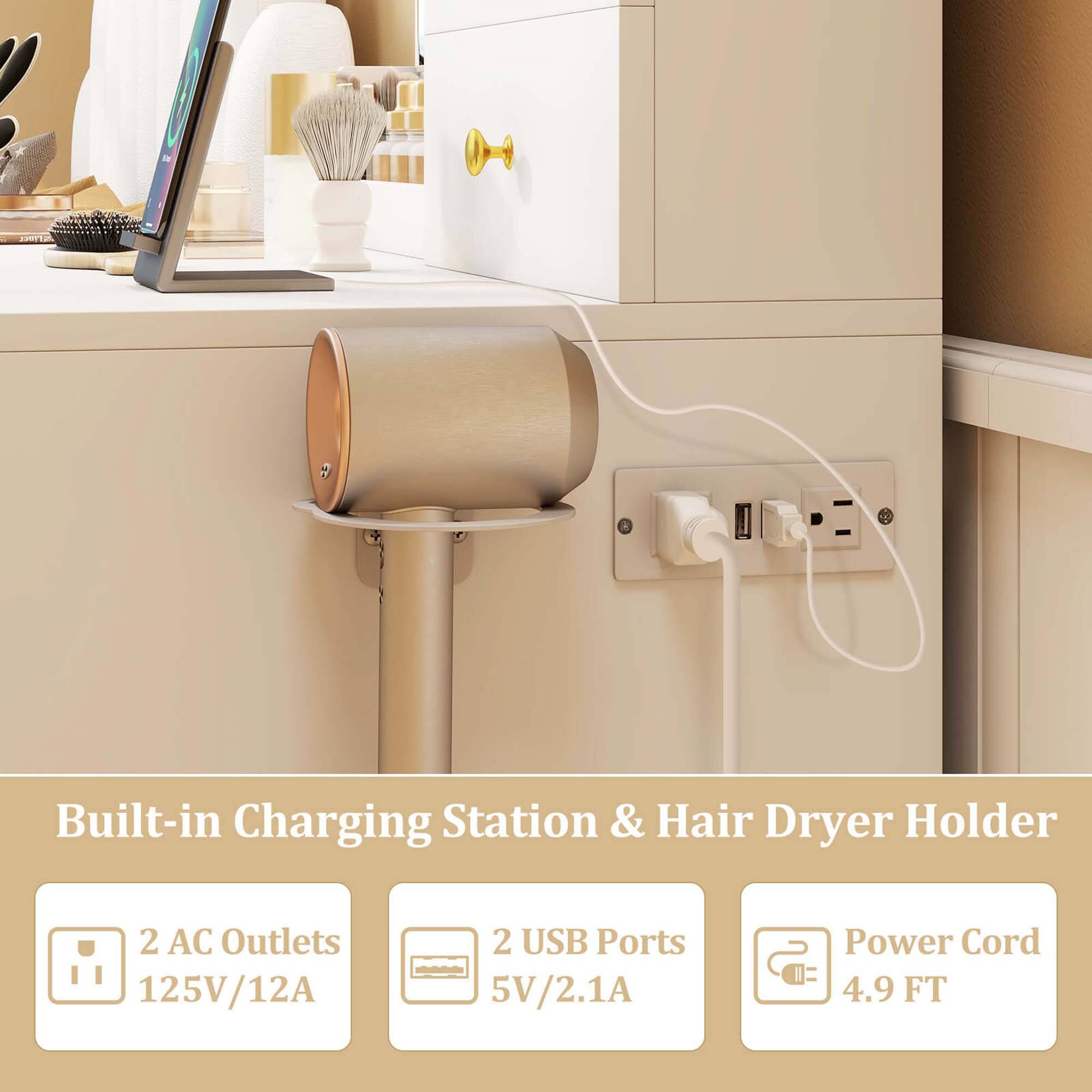 Built-in Charging Station & Hair Dryer Holder

- 2 AC Outlets 125V/12A
- 2 USB Ports 5V/2.1A
- Power Cord 4.9 FT