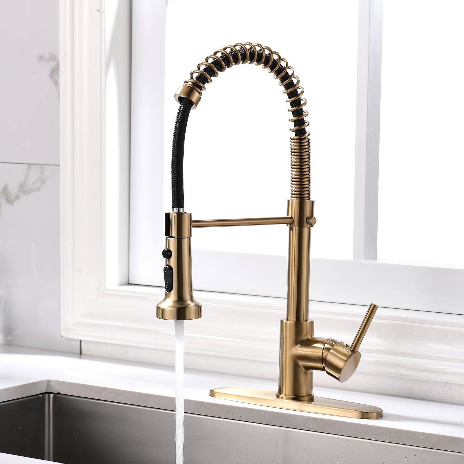 Alt View 8. Boyel Living - Contemporary Single Handle Gooseneck Pull Down Sprayer Kitchen Faucet Brushed Gold - Brushed Gold.