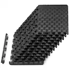 Front. ProSource - ProsourceFit Checkered Exercise Puzzle Mat 12 x 12 1/2-in, 12 Sq Ft - 12 Tiles - Black.