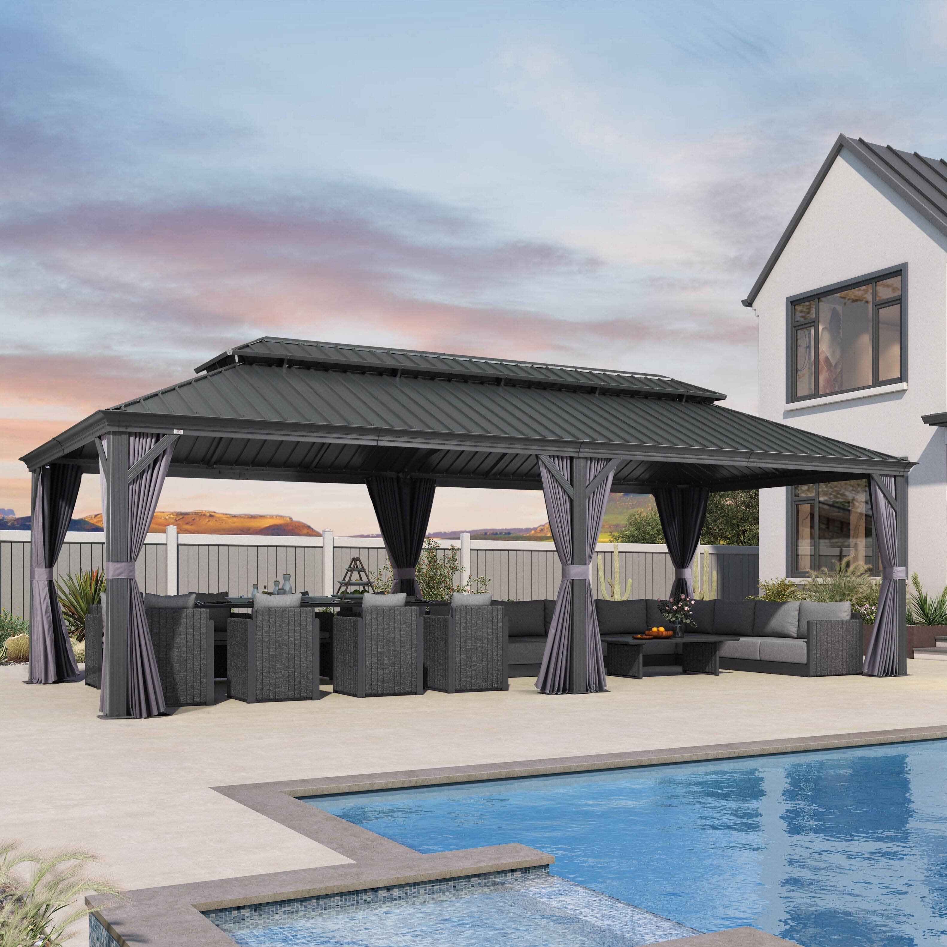 Alt View 2. PURPLE LEAF - 14 X 28 FT Permanent Hardtop Aluminum Gazebo with Double Roof for Patio Lawn and Garden, Curtains and Netting Included - 14' X 28'.