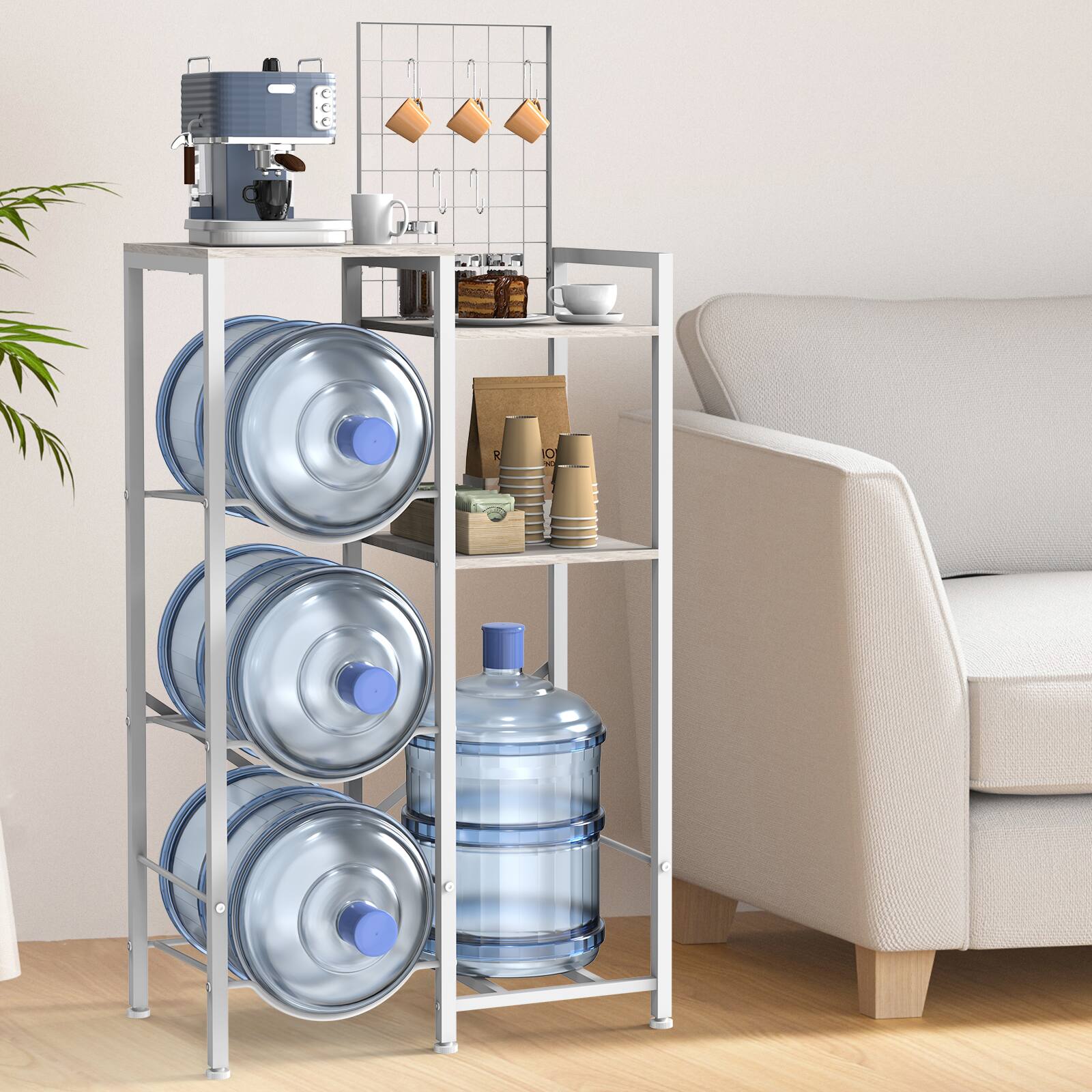 Angle. Oumilen - Water Bar Table with Built-in Water Jug Rack, White Metal Frame & Grey Oak Board - Gray.