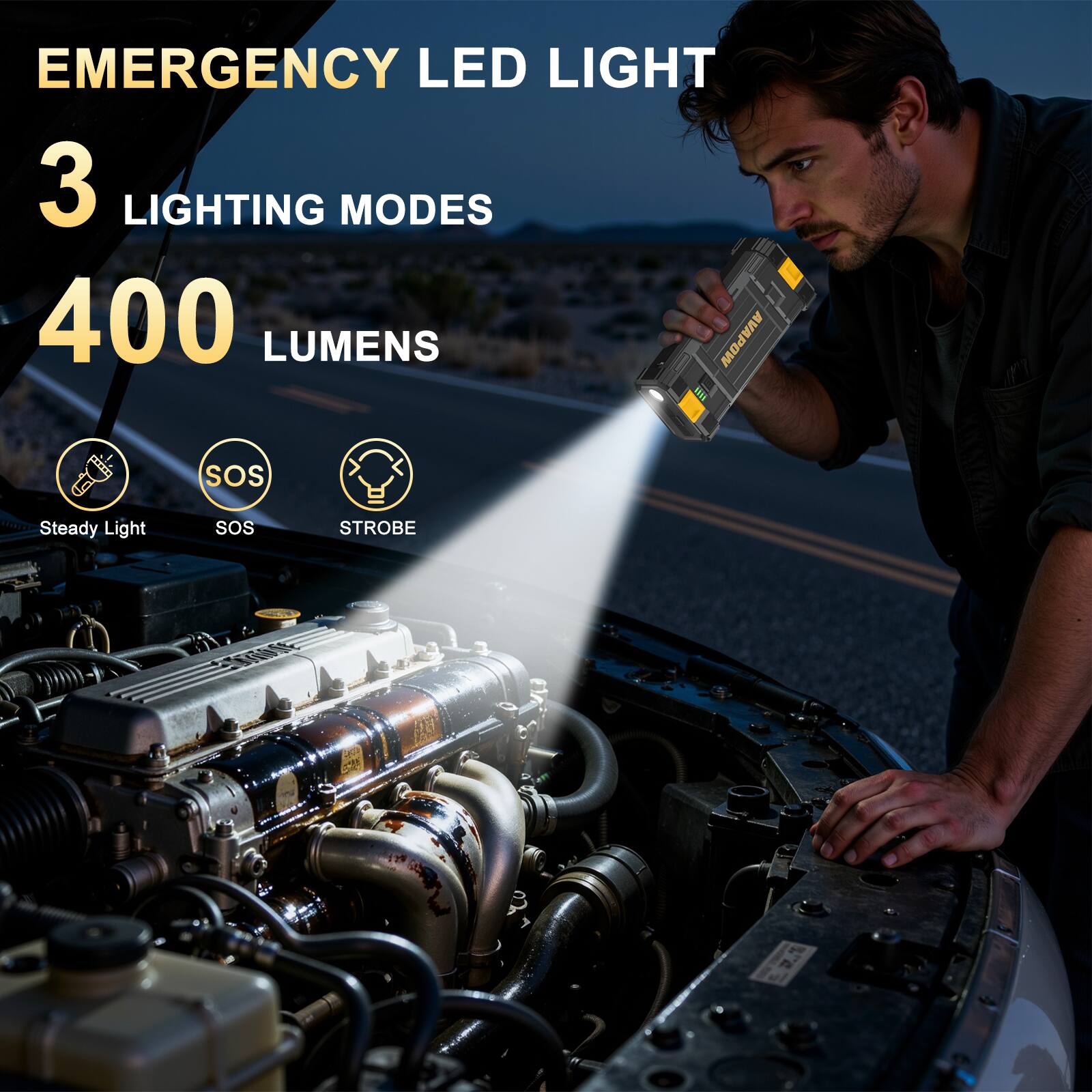 EMERGENCY LED LIGHT  
3 LIGHTING MODES  
400 LUMENS  

AVAPOW  
SOS Steady Light  
SOS  
STROBE