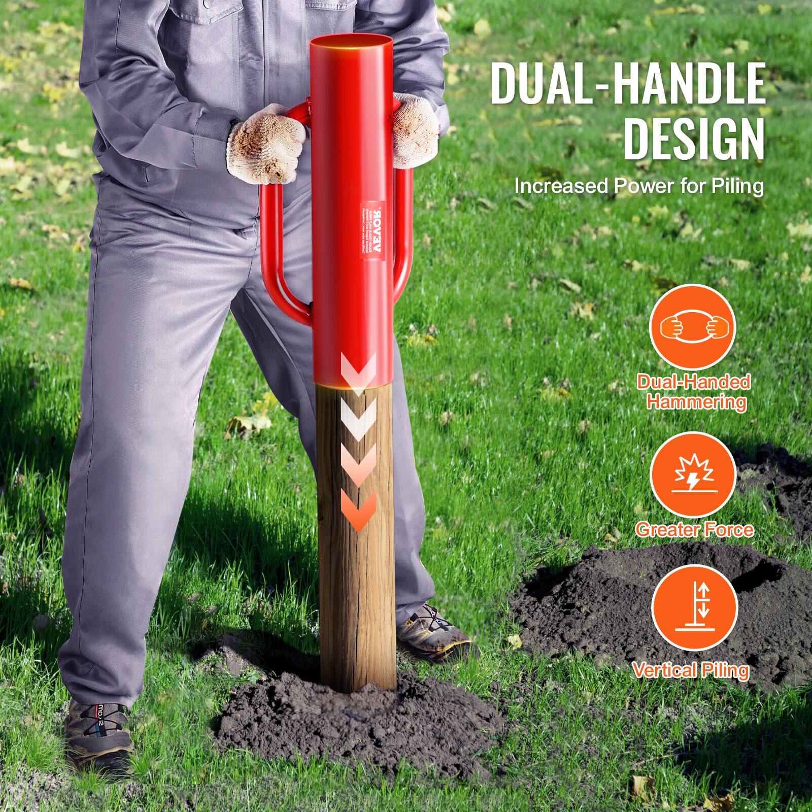 - A
- VEVOR DUAL-HANDLE DESIGN
- Increased Power for Piling
- Dual-Handed Hammering
- Greater Force
- Vertical Piling