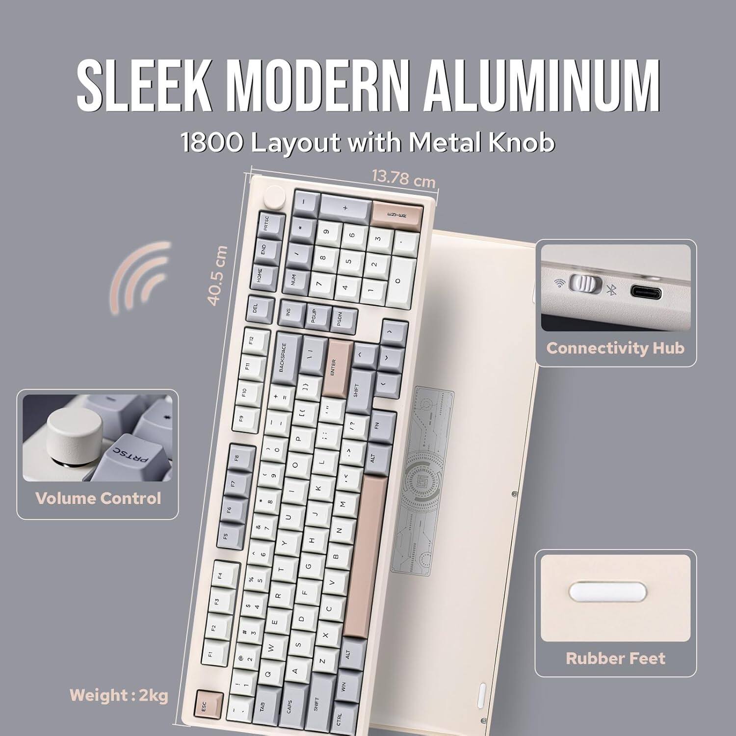 SLEEK MODERN ALUMINUM  
1800 Layout with Metal Knob  
13.78 cm  
Weight: 2kg  

Connectivity Hub  
Volume Control  
Rubber Feet
