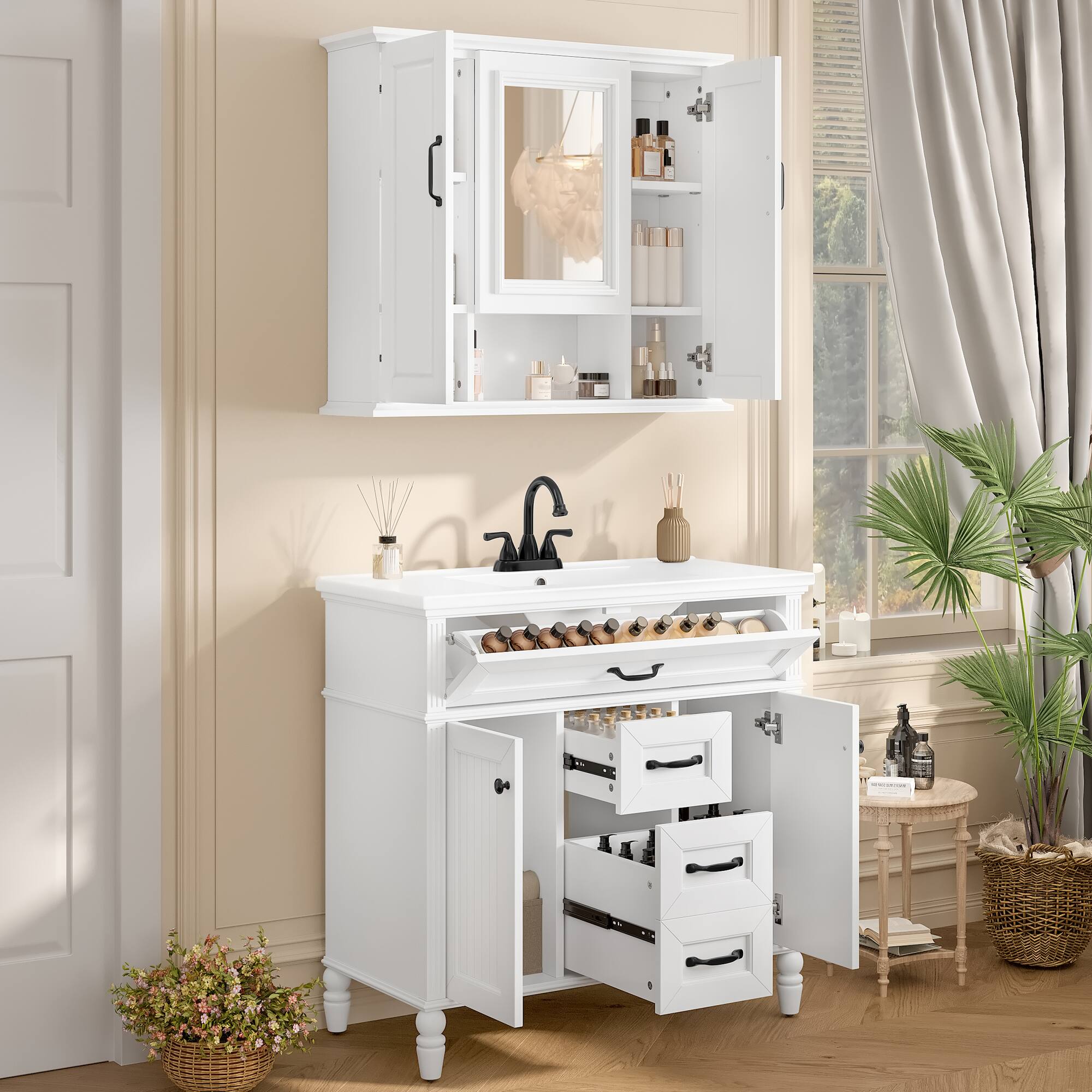 Back. TinyHomie - 36in Medicine Cabinet Wall Mounted Storage Cabinet with Mirror Mirror Cabinet with 3 Doors Not Include Bathroom Vanity - White.