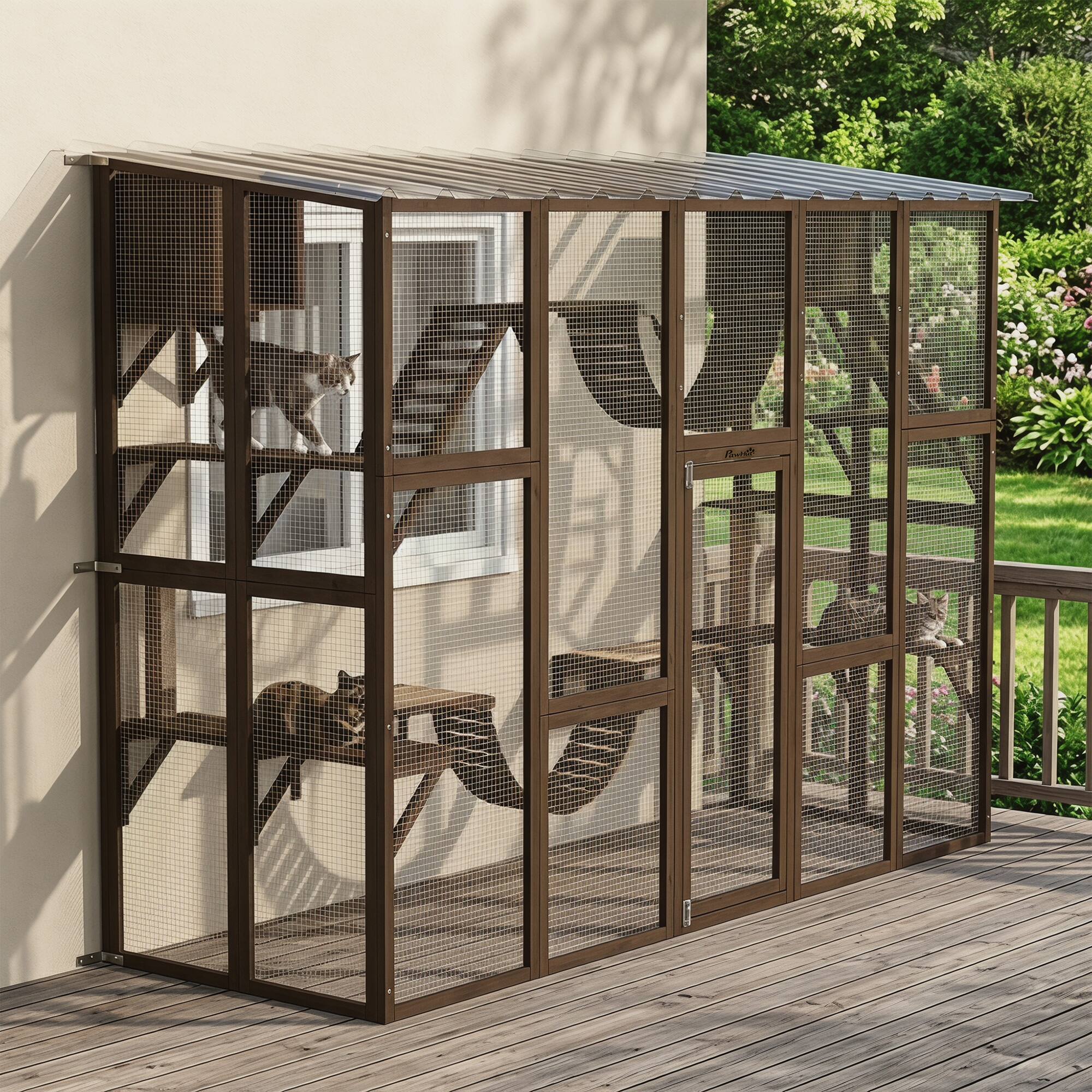 Alt View 8. Pawhut - Playground Cat Window Box Outside Enclosure for Multiple Cats w/ Shelves & Bridges - Coffee Brown.