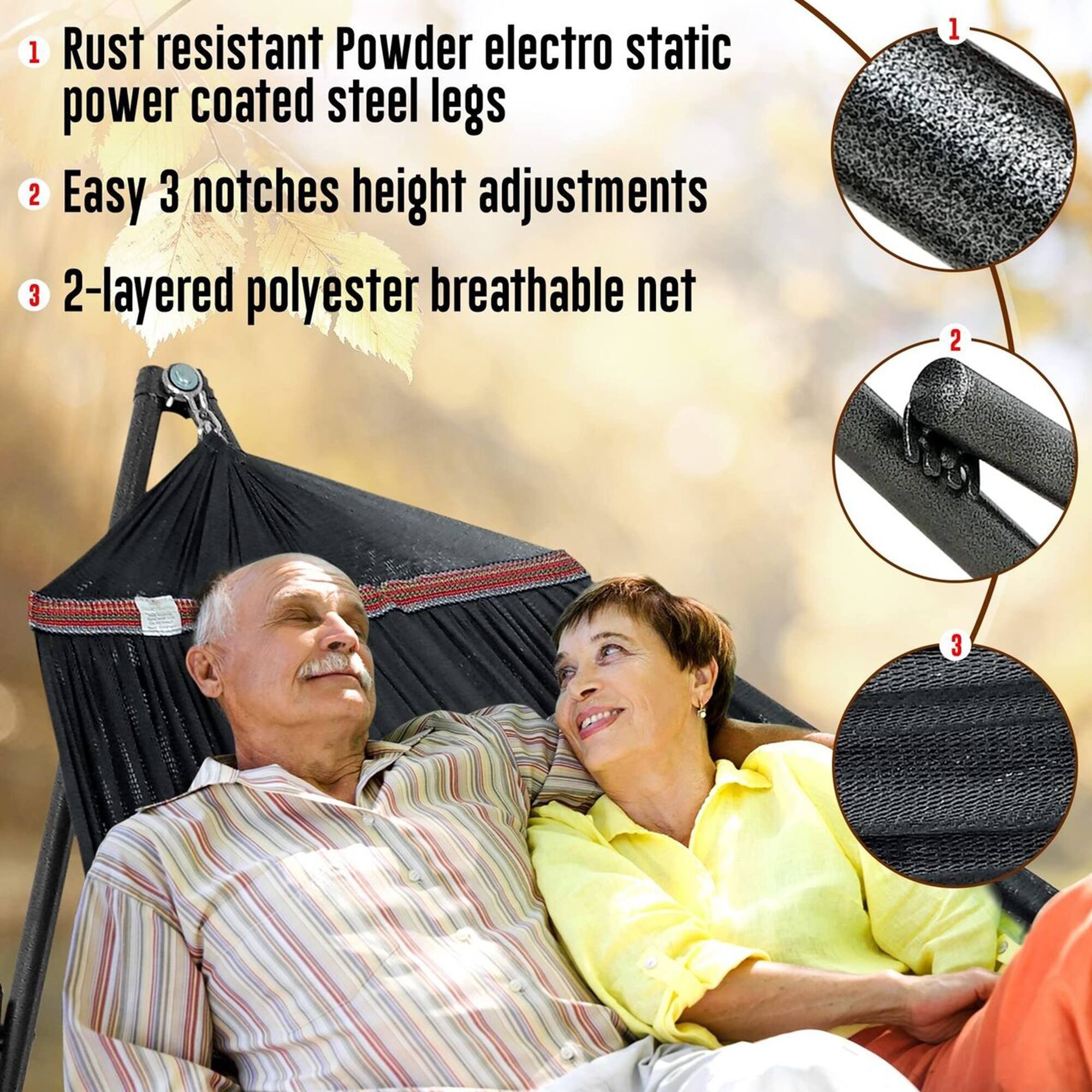 1. Rust resistant Powder electro static power coated steel legs  
2. Easy 3 notches height adjustments  
3. 2-layered polyester breathable net