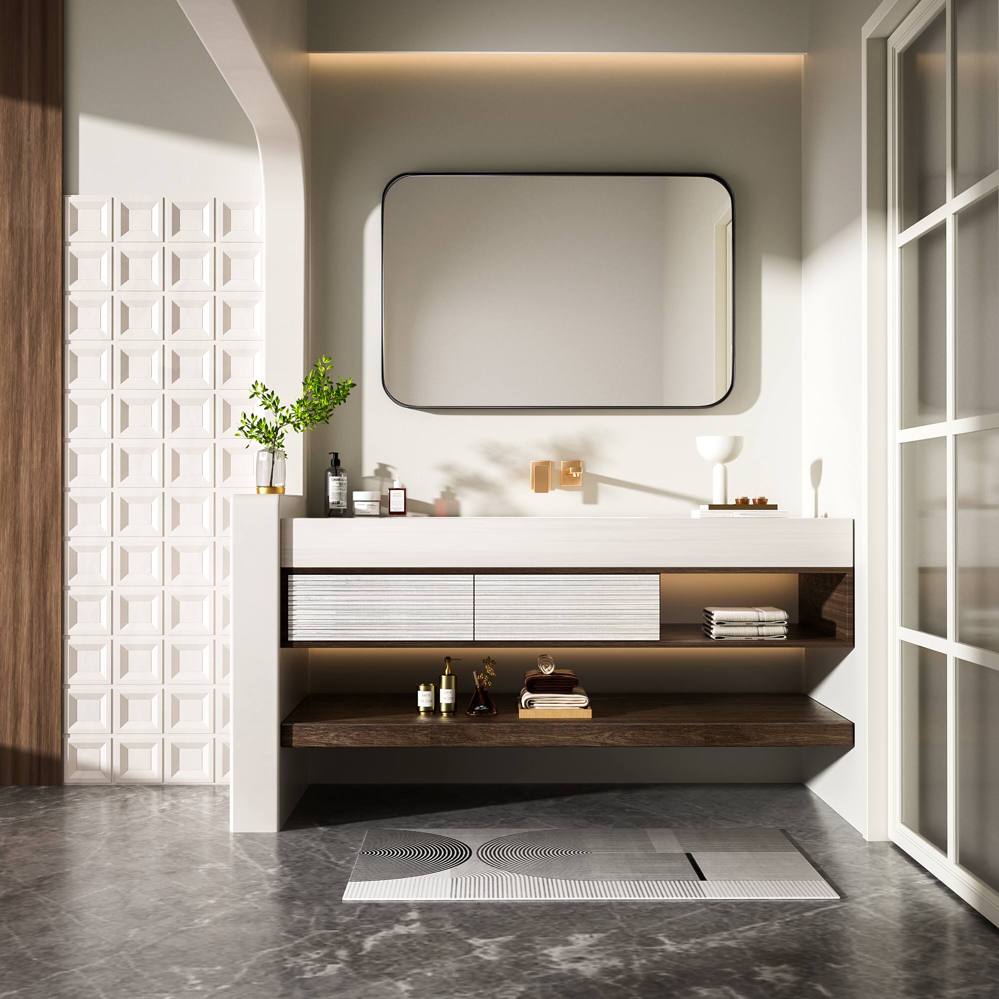 Alt View 12. LOVMOR - Tempered Glass Rounded Rectangle Framed Wall-Mounted Bathroom Vanity Mirror - 24" x 36" - Black.