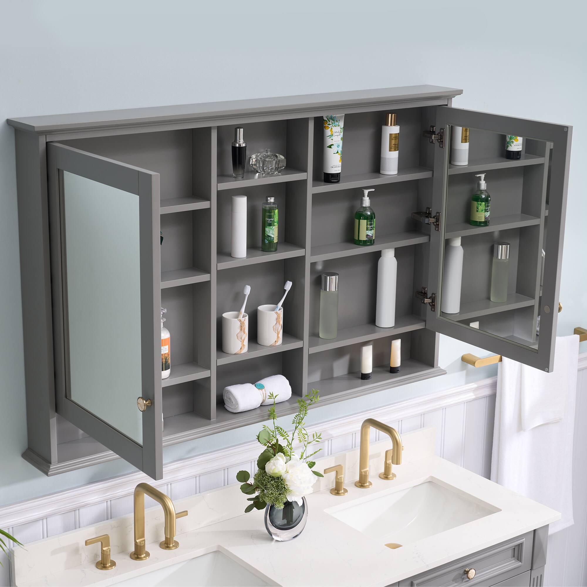 Alt View 1. WELLFOR - 55 in. W x 35 in. H Rectangular Wood Surface Mount Medicine Cabinet with Mirror, Double Soft Close Doors - Titainum Grey.