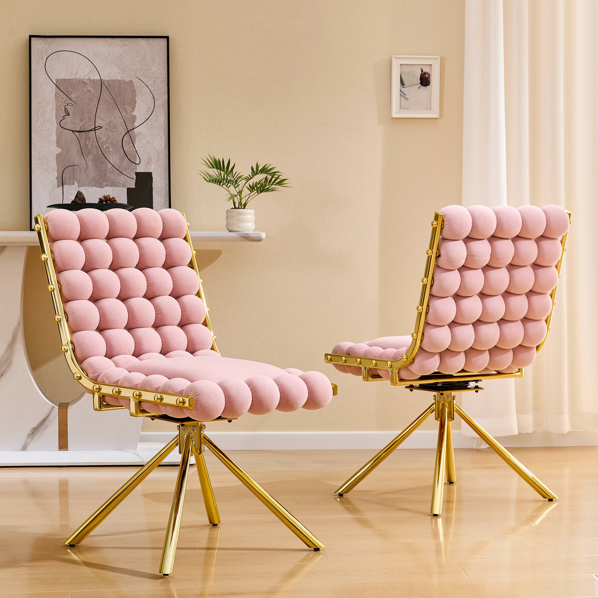 Left. Loheer - Loheer Pink Accent Chair Velvet Swivel Side Chair with Gold Metal Legs, Bubble Tufted Armless Seat, 1.63 ft - Gold,Pink.