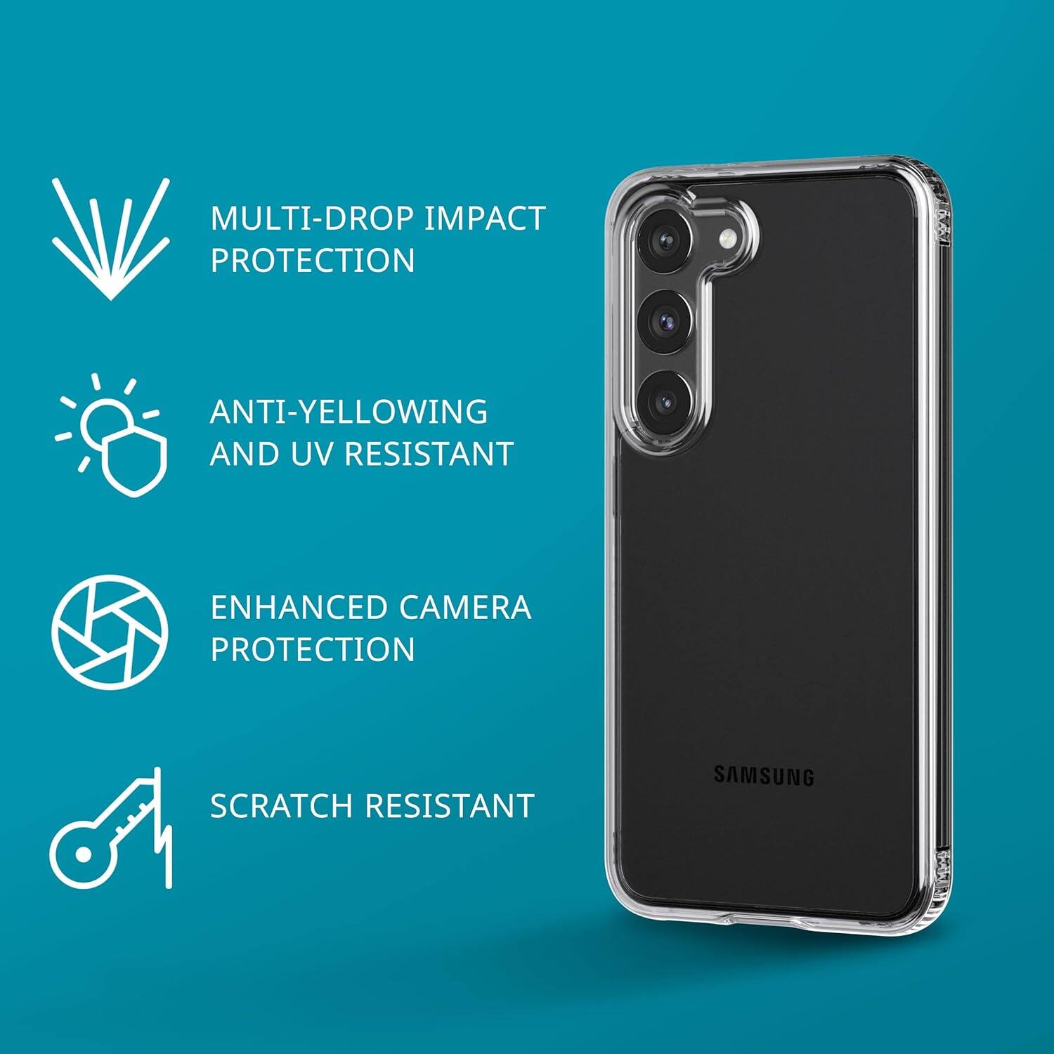 MULTI-DROP IMPACT PROTECTION  
ANTI-YELLOWING AND UV RESISTANT  
ENHANCED CAMERA PROTECTION  
SCRATCH RESISTANT  
SAMSUNG