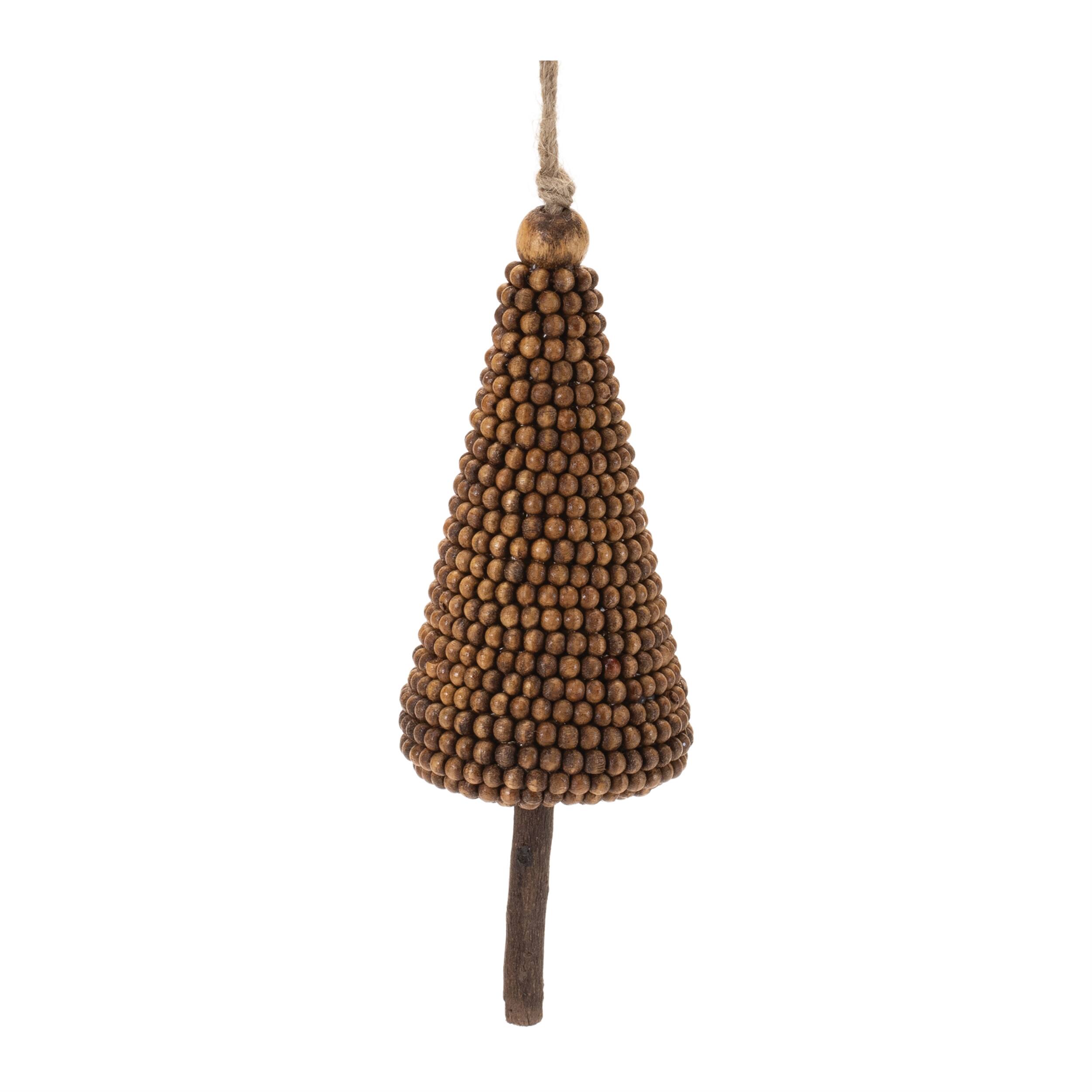 Left. BreeBe - Wood Beaded Pine Tree Ornament (Set of 4) - Brown.