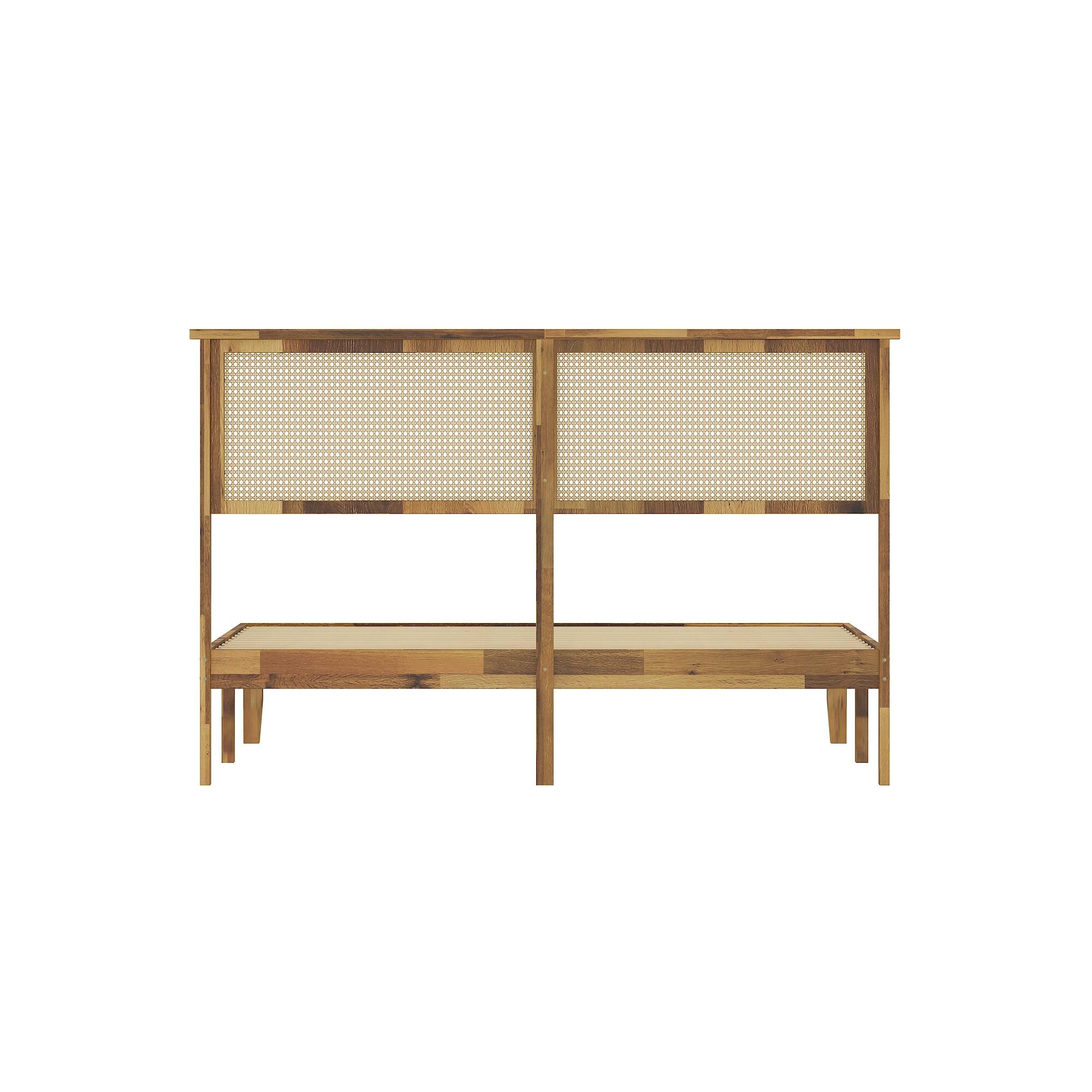 Back. Famapy - Famapy Solid Wood Platform Bed Frame - Rattan Headboard, Acacia Wood, Sturdy Slat Support - Wooden.