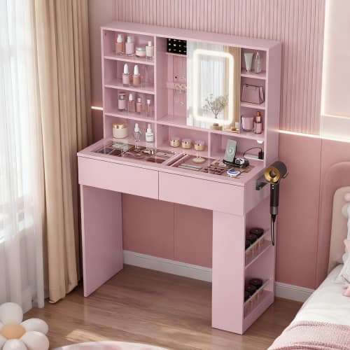Winado - Visualized Glass Tabletop Vanity Table with USB Charging Station, LED Lighted Mirror, Side-mounted Hidden Storage Shelve - Pink