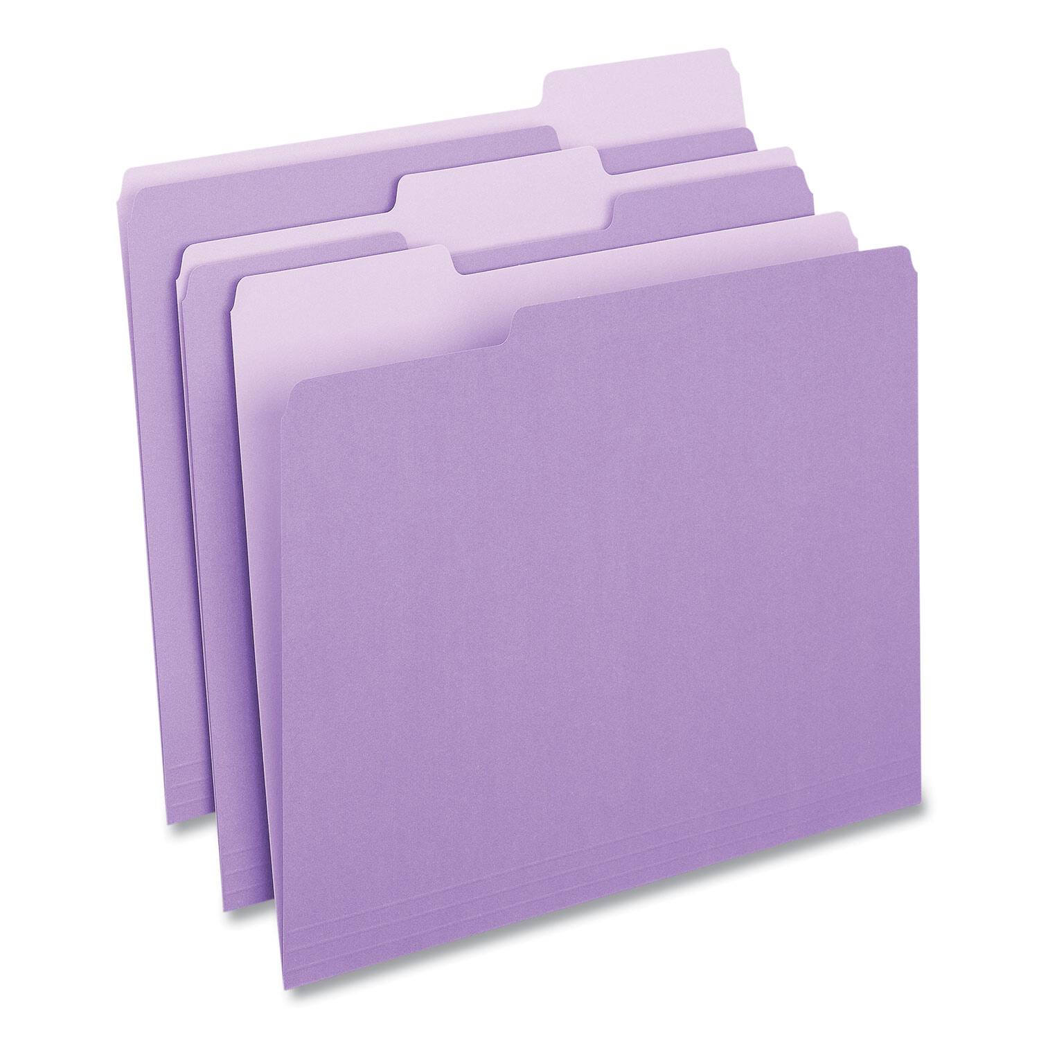 Angle. Universal - Deluxe Colored Top Tab File Folders, 1/3-Cut Tabs: Assorted, Letter Size, Violet/Light Violet, 100/Box.