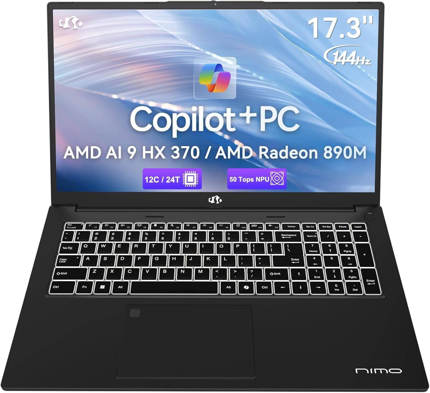 NIMO - 17.3" AI Laptop, AMD Ryzen AI 9 HX 370(50 TOPS NPU), Radeon 890M, 64GB RAM 2TB SSD, DDR5, 144Hz, PD 100W USB-C 4.0 - Obsidian Black
