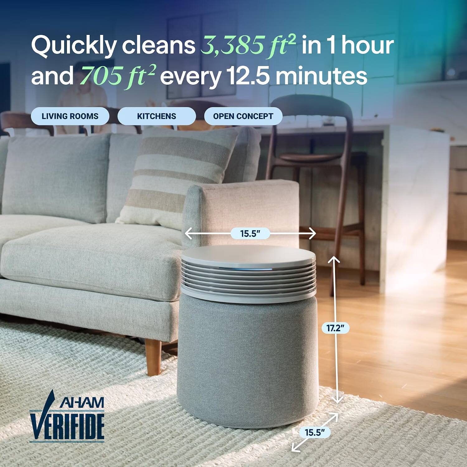 Quickly cleans 3,385 ft² in 1 hour and 705 ft² every 12.5 minutes

LIVING ROOMS
KITCHENS
OPEN CONCEPT

15.5"
17.2"
15.5"

AHAM VERIFIED