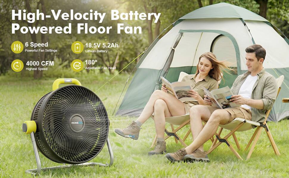 High-Velocity Battery Powered Floor Fan

- 6 Speed Powerful Fan Settings
- 18.5V 5.2Ah Lithium Battery
- 4000 CFM Highest Speed
- 180° Adjustable Fan Head