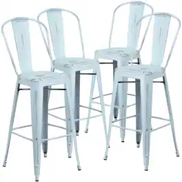 Emma + Oliver - Commercial Grade 4 Pack 30" High Distressed Metal Indoor-Outdoor Barstool with Back - Green-Blue