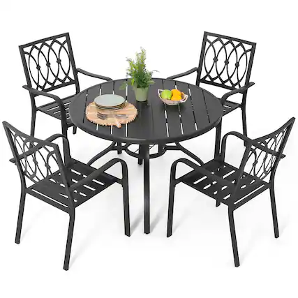 Front. Nuu Garden - 5-Piece Metal Patio Dining Set with Umbrella Hole and 4 Stackable Chairs - Black.