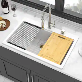 Siljoy - Quartz Kitchen Sink - 33" x 22" x 9.65" granite composite Workstation Drop-in kitchen sink - White
