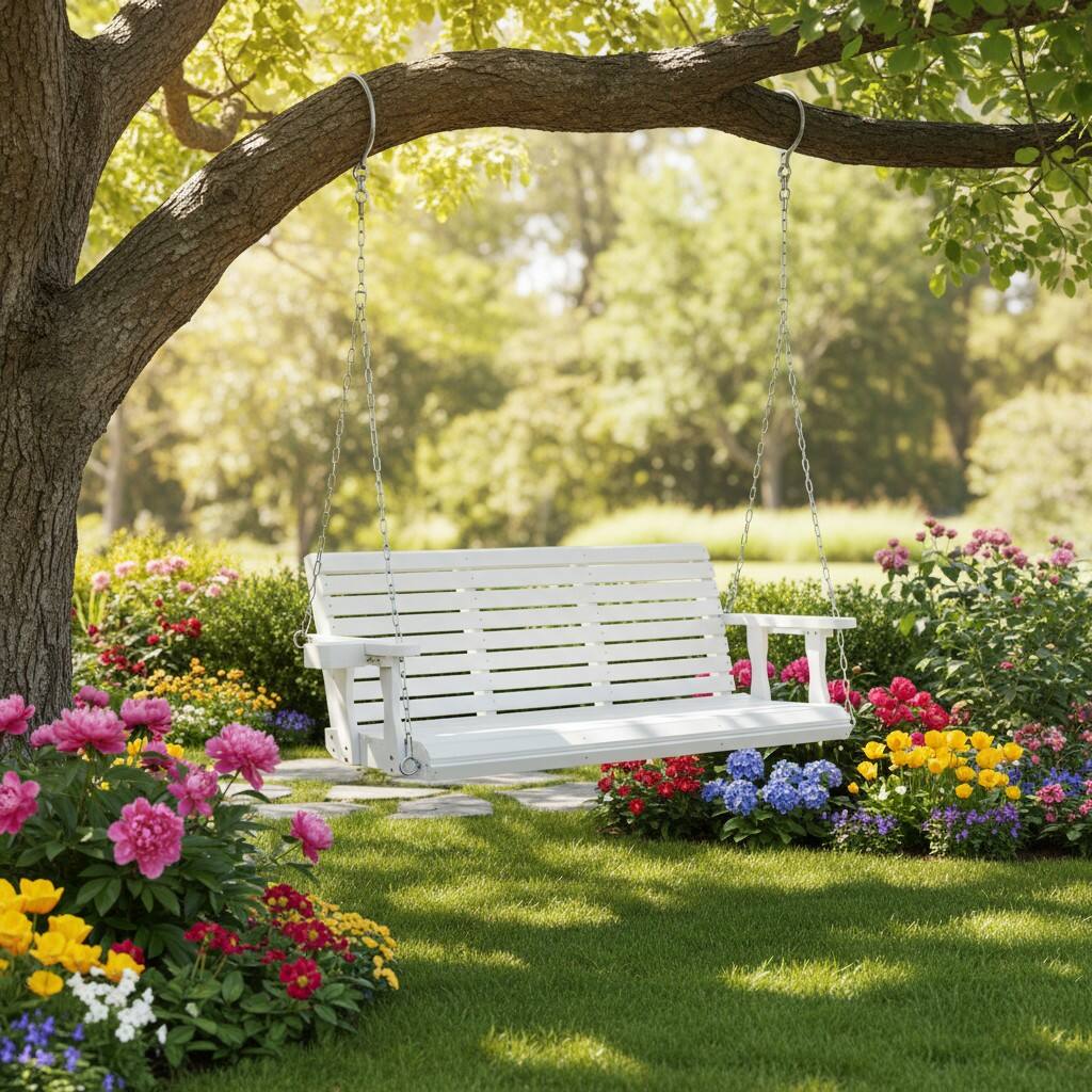 Angle. Fortune Candy - Wooden Porch Swing with Chains & Springs, 880 LBS Heavy Duty Bench for Patio & Porch (Extra Large, 3-Seater) - White.