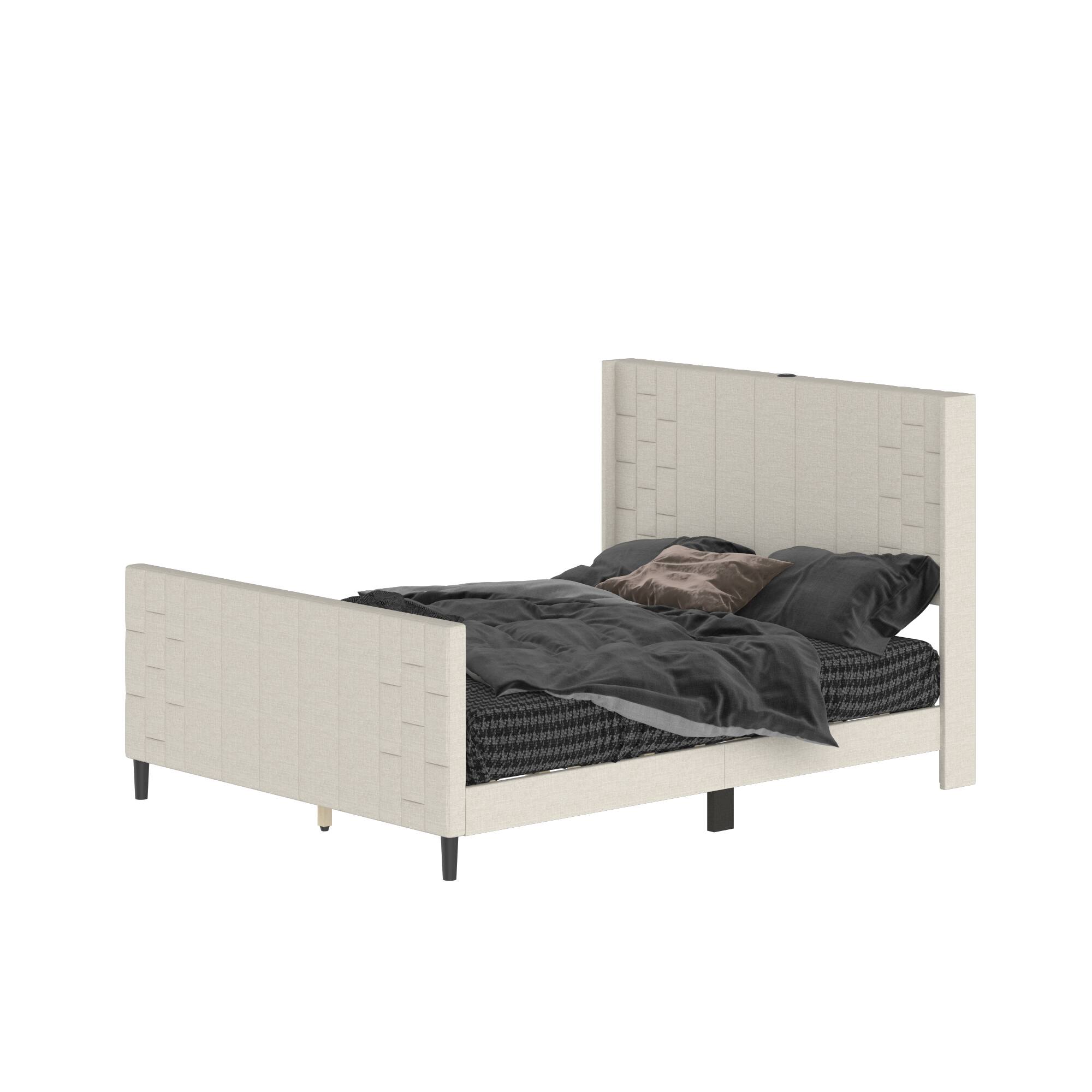 Angle. Famapy - Famapy Upholstered Bed Frame: USB - Equipped, Reinforced Slats & Modern Design - White.