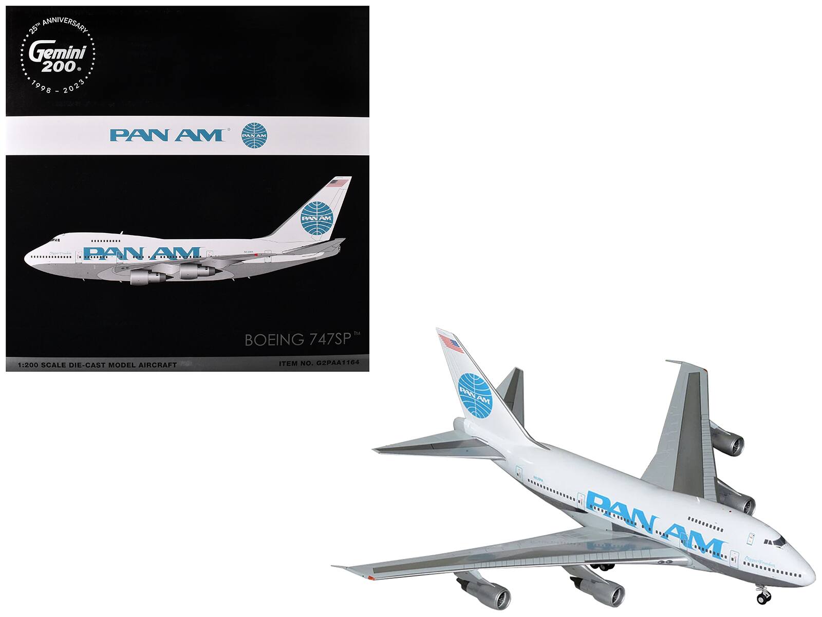 25th Anniversary  
Gemini 200  
1998 - 2023  

PAN AM  
PAN AM  

BOEING 747SP  
1:200 Scale Die-Cast Model Aircraft  
Item No. G2PAA1164