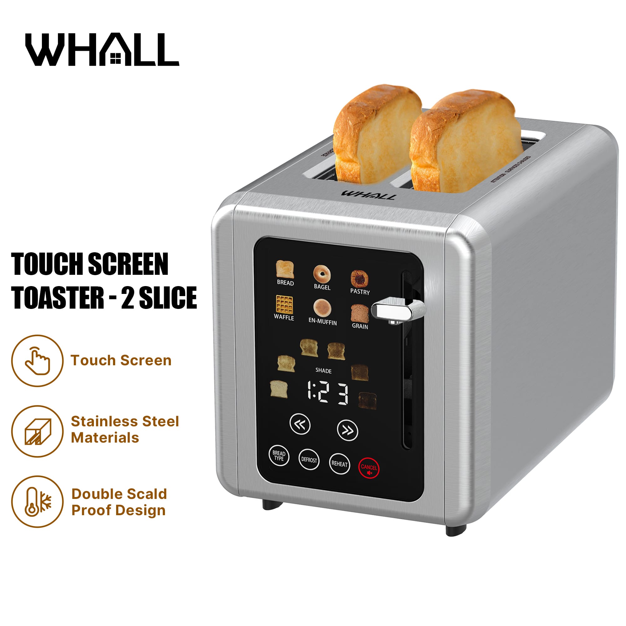 WHALL - 2 Slice Toaster, Toasters 2 slice, Smart Bread Toaster, Touchscreen Toaster wide slots - Silver