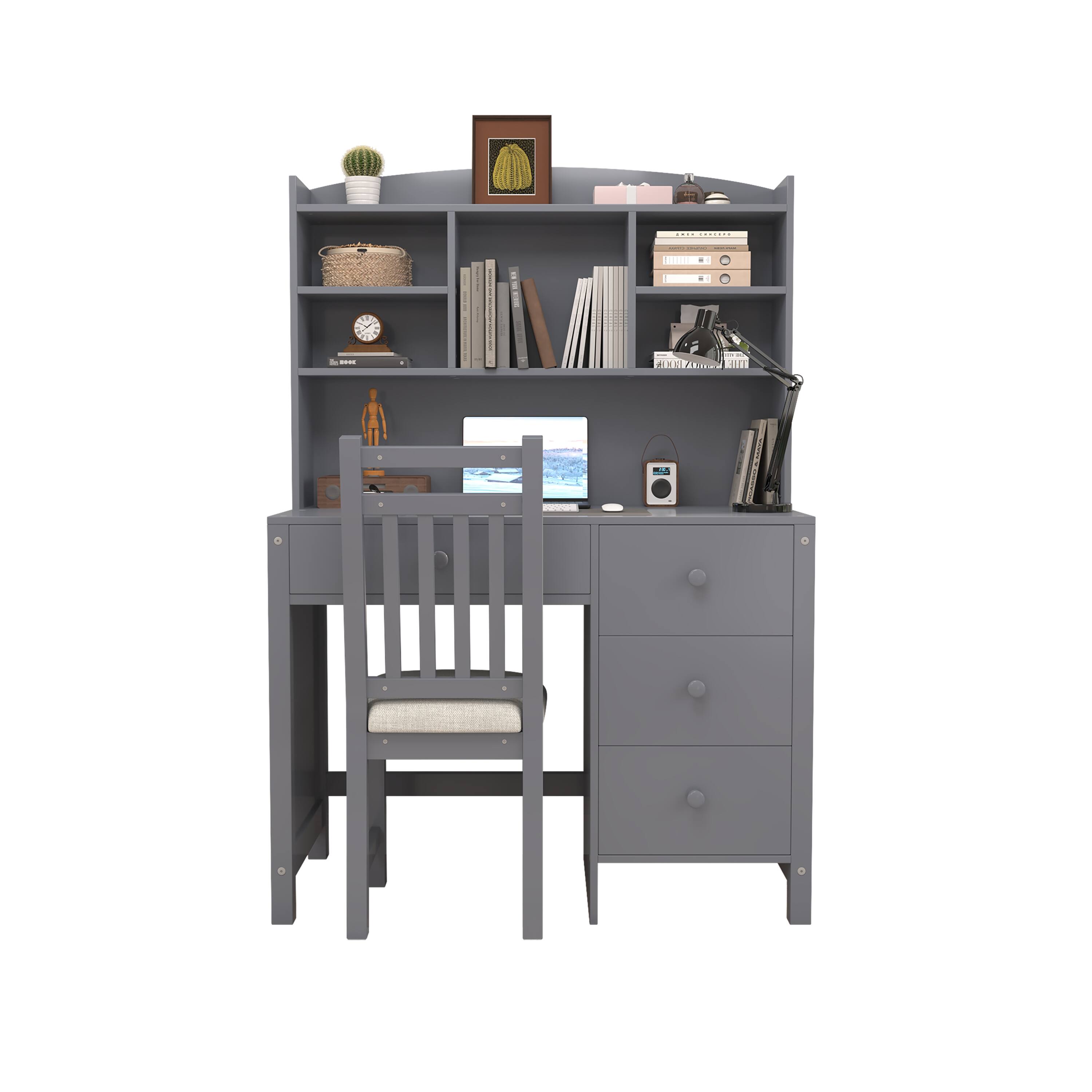 Alt View 6. GOODSILO - 40'' Home Executive Desk & Upholstered Chair Set with Bookshelf, Computer Desk with Drawers & Storage Shelf - Gray.