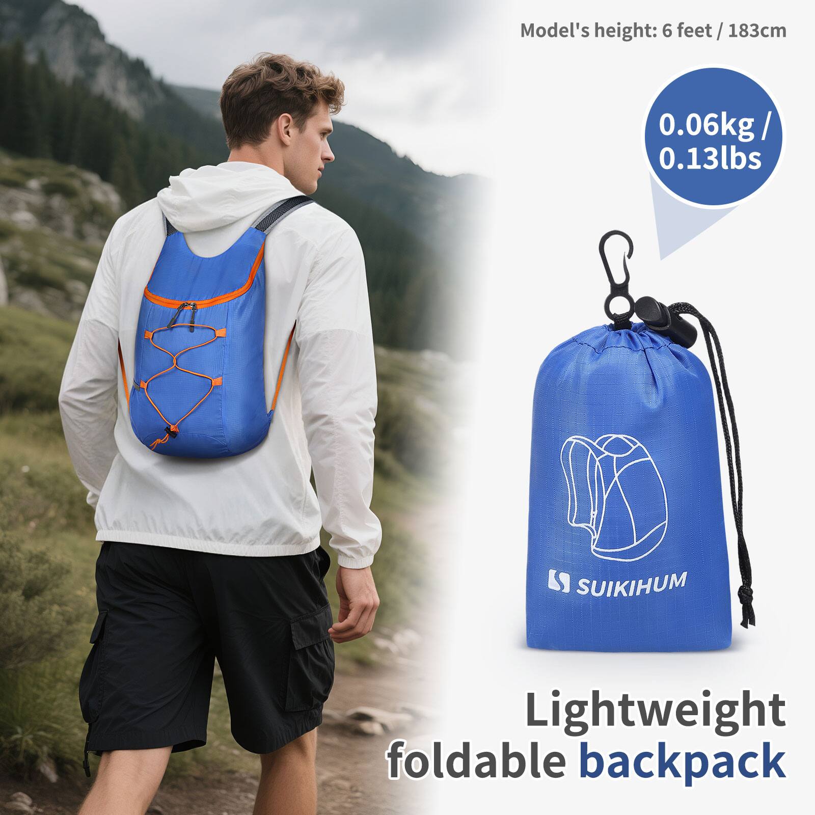Model's height: 6 feet / 183cm

0.06kg / 0.13lbs

SUIKIHUM Lightweight foldable backpack