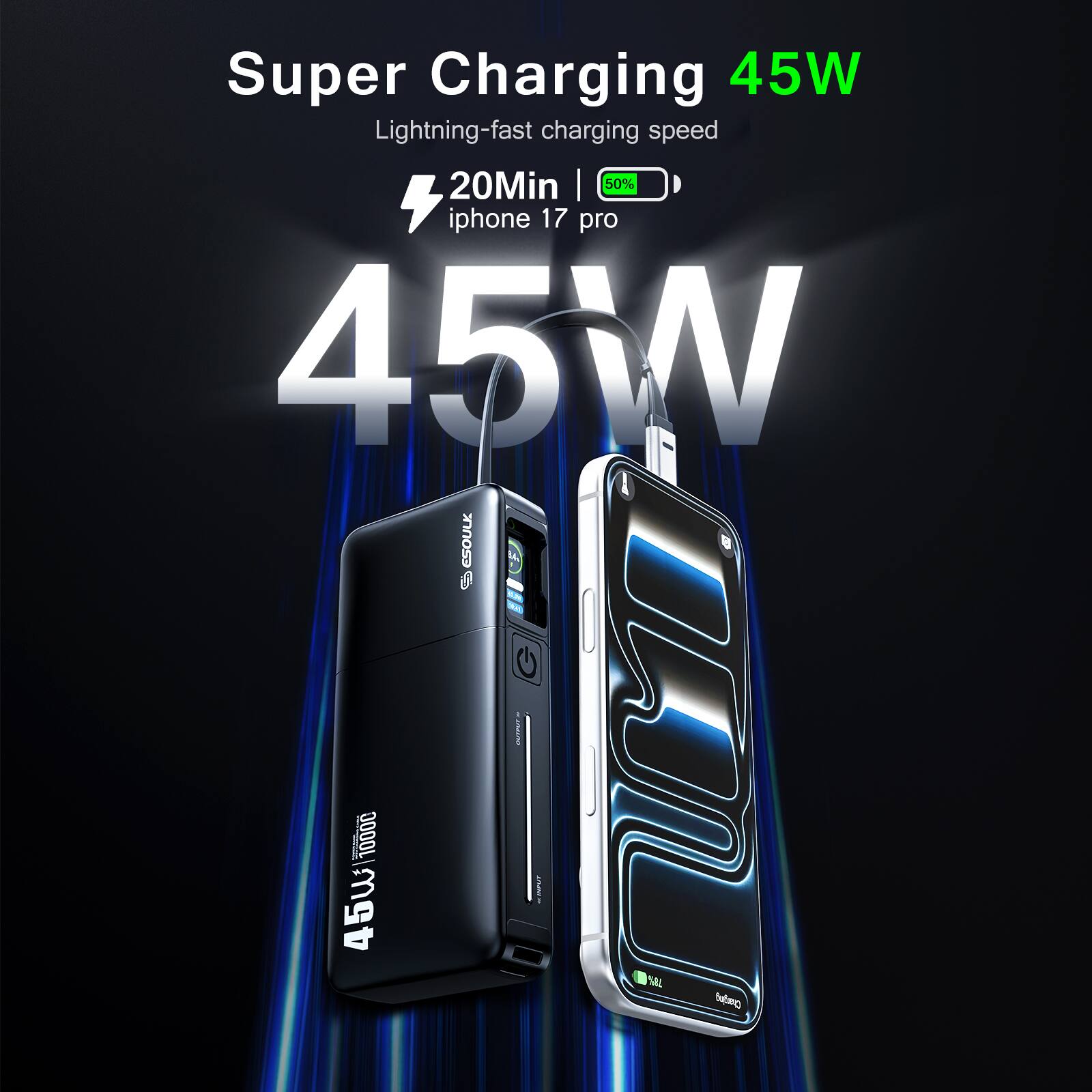 Super Charging 45W  
Lightning-fast charging speed  
20Min | 50% iphone 17 pro  
45W