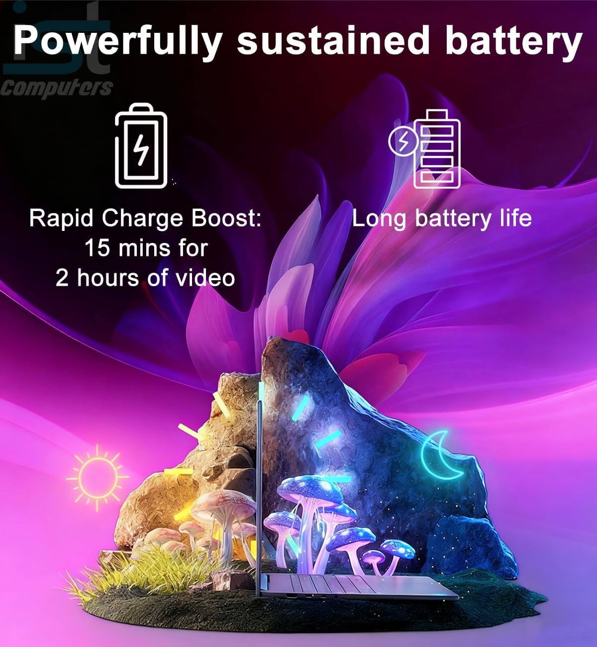 Powerfully sustained battery  
Rapid Charge Boost: 15 mins for 2 hours of video  
Long battery life