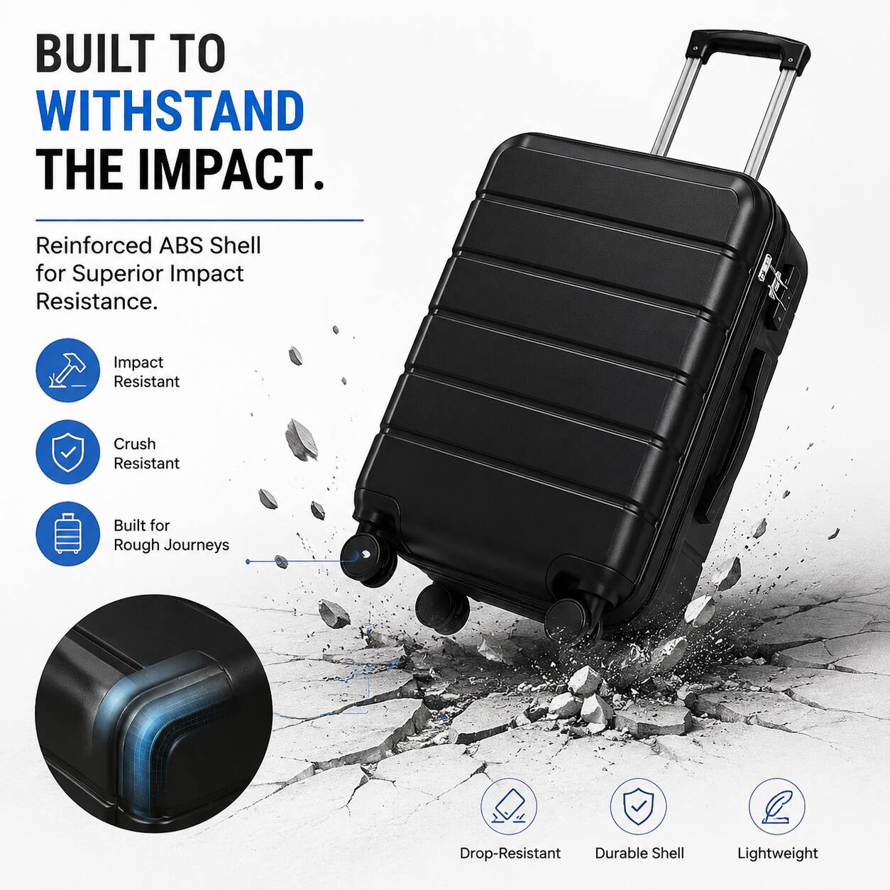 BUILT TO WITHSTAND THE IMPACT.  
Reinforced ABS Shell for Superior Impact Resistance.  
Impact Resistant  
Crush Resistant  
Built for Rough Journeys  
Drop-Resistant  
Durable Shell  
Lightweight