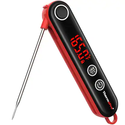 "Therm Pro +" is a thermometer that can be used to measure temperatures. It has a red and black design and features a digital display. The device can be used to measure temperatures in both Celsius and Fahrenheit. It is a compact and portable device that can be easily carried around in a pocket or bag. The thermometer is designed to provide accurate temperature readings and is suitable for various applications, such as checking the temperature of food or water, monitoring the body temperature of a person, or measuring the temperature of a room or an object.