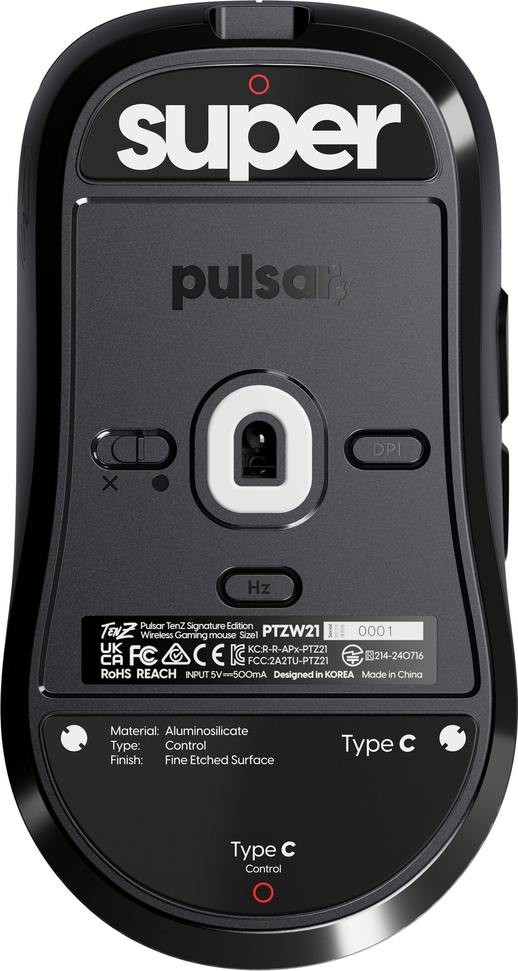 super pulsar, DPI X Hz Pulsar Tenz Signature Edition PTZW21 0001 UK FC C E I KC:R-R-APx-PTZ21 FCC:2A2TU-PTZ21 R]214-240716 RoHS REACH INPUT 5V=-500mA Designed in KOREA Made in China Material: Aluminosilicate Type: Control Finish: Fine Etched Surface Type C Control