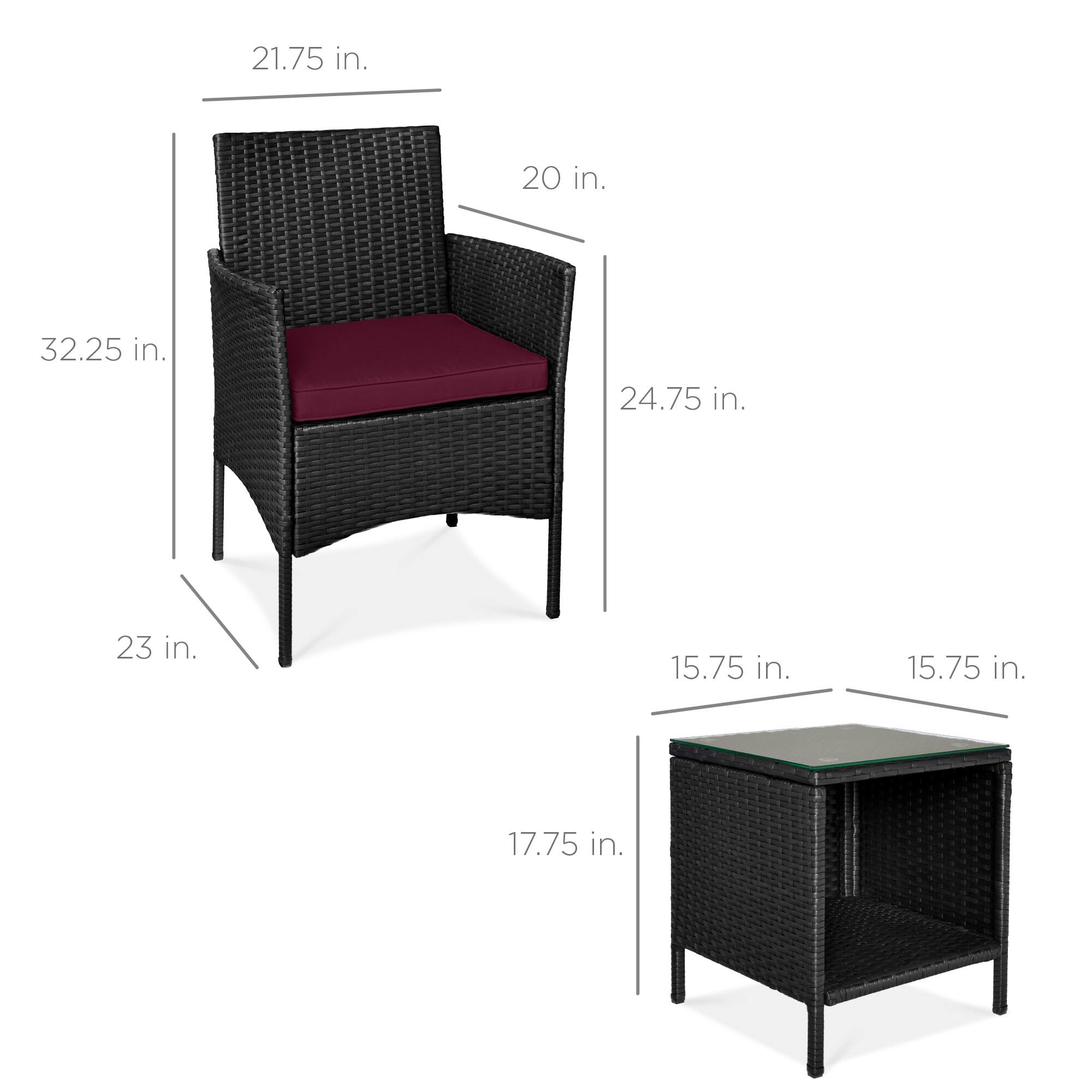 - Chair:
  - Height: 32.25 in.
  - Width: 24.75 in.
  - Depth: 23 in.
  - Seat Height: 17.75 in.
  - Back Height: 21.75 in.
  - Seat Depth: 20 in.

- Table:
  - Height: 15.75 in.
  - Width: 15.75 in.
  - Depth: 15.75 in.