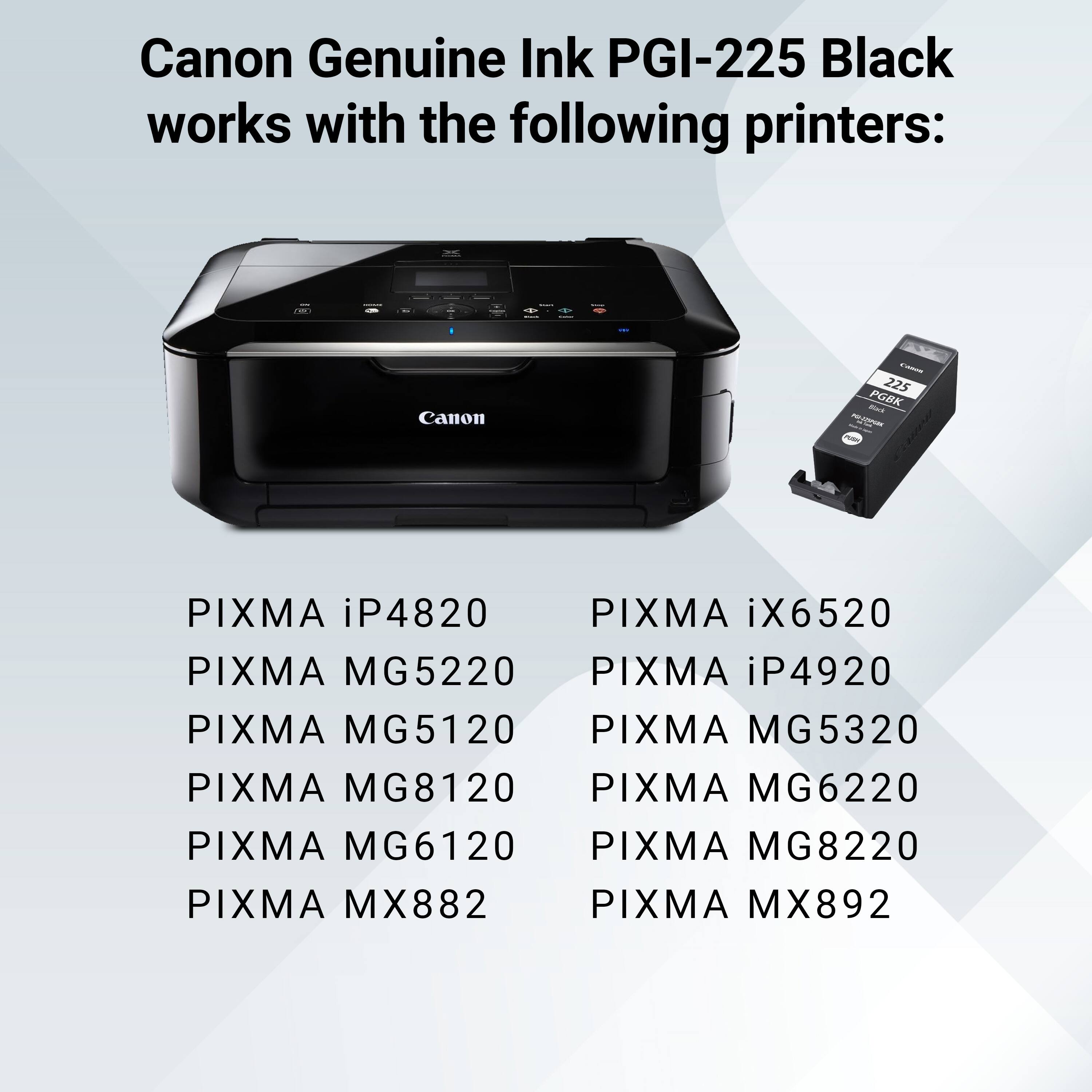 Canon Genuine Ink PGI-225 Black works with the following printers:

Canon
Canoo 225 Eack PGBK MEPAGE-DA
PIXMA iP4820
PIXMA iX6520
PIXMA MG5220
PIXMA iP4920
PIXMA MG5120
PIXMA MG5320
PIXMA MG8120
PIXMA MG6220
PIXMA MG6120
PIXMA MG8220
PIXMA MX882
PIXMA MX892