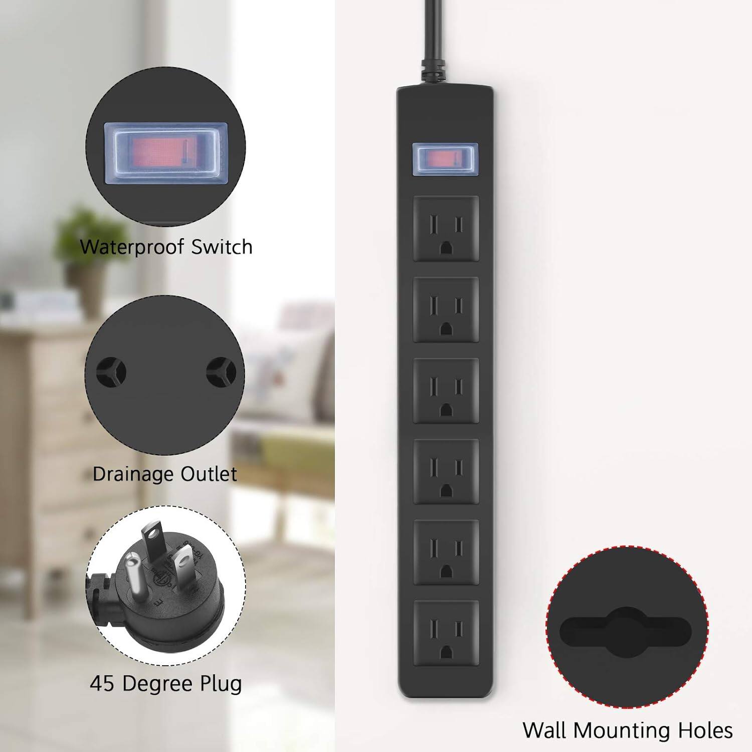 Waterproof Switch  
Drainage Outlet  
45 Degree Plug  
Wall Mounting Holes