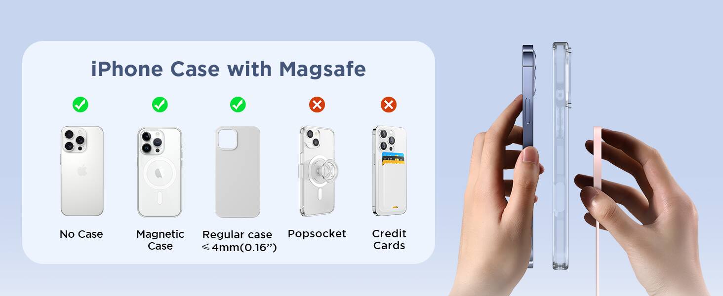 iPhone Case with Magsafe

No Case
Magnetic Case
Regular case < 4mm(0.16")
Popssocket
Credit Cards
