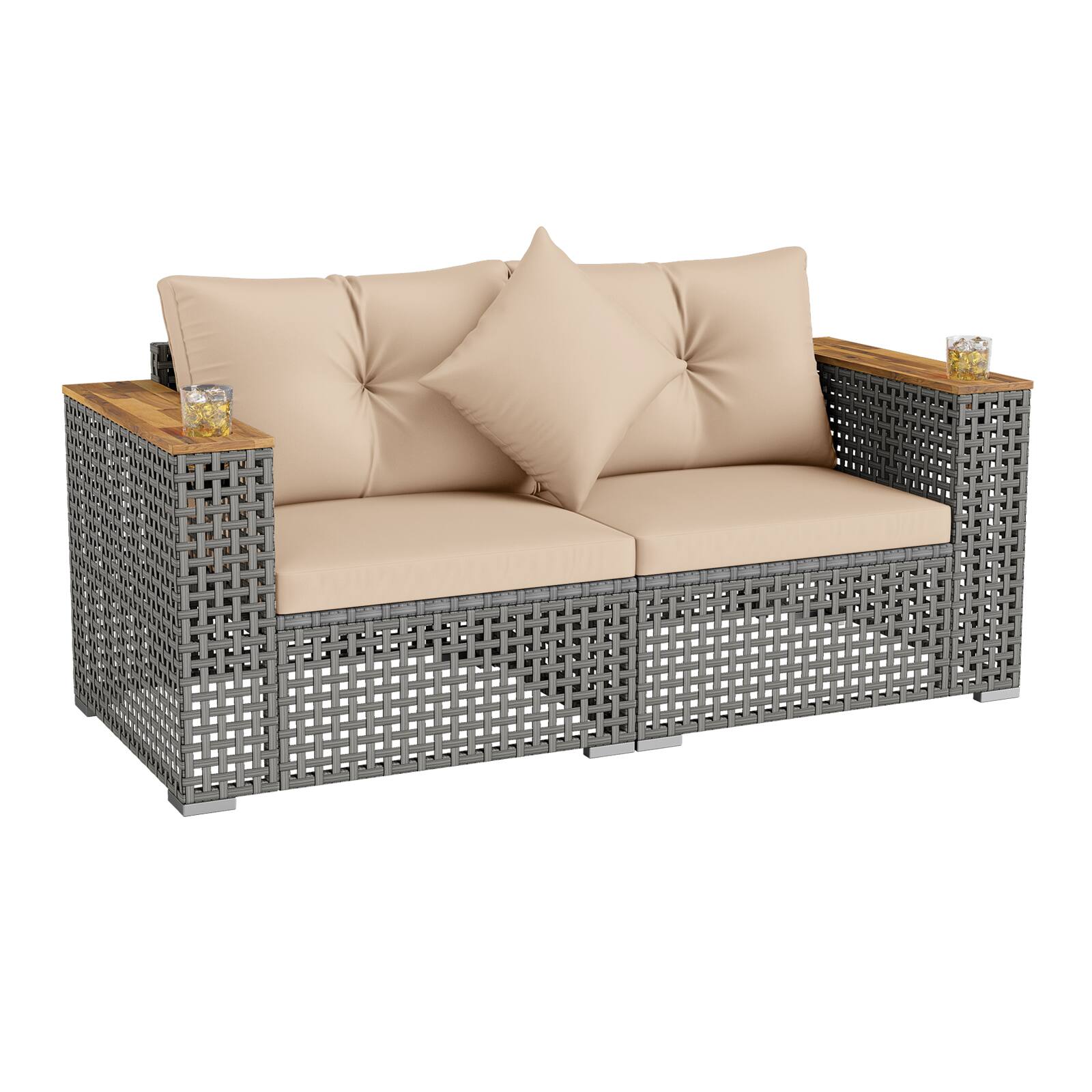 Alt View 7. Gymax - Gymax Set of 2 Patio Corner Sofa Set w/Thick Cushions Wide Acacia Wood Armrests for Garden Beige - Brown.