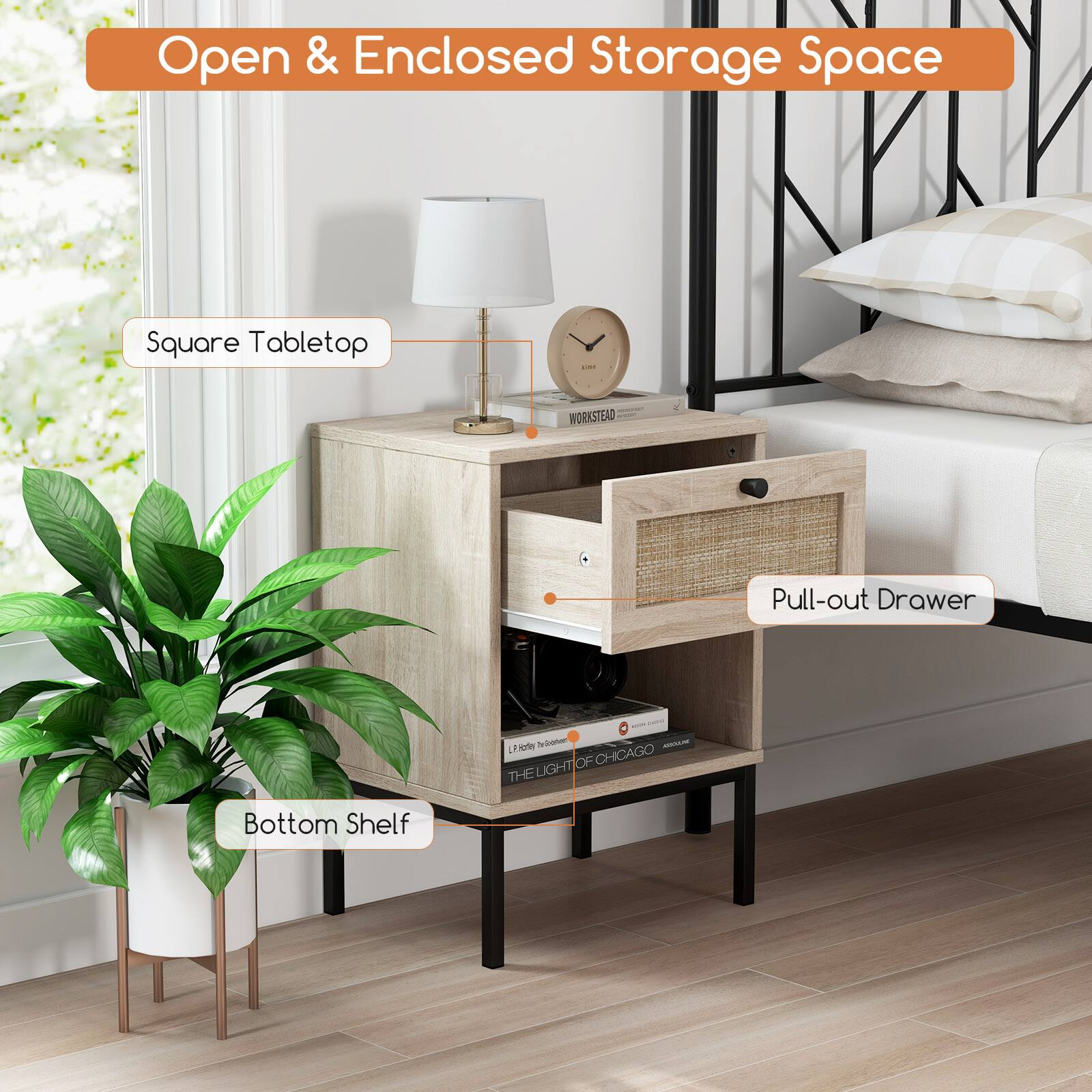 Open & Enclosed Storage Space, Square Tabletop, Pull-out Drawer, Bottom Shelf