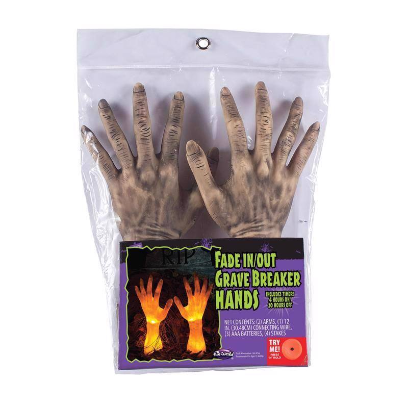 RIP FADE IN/OUT GRAVE BREAKER HANDS INCLUDES TIMER 4 HOURS ON 10 HOURS OFF NET CONTENTS: (2) ARMS, (1) 12 IN. (30.48CM) CONNECTING WIRE, (3) AAA BATTERIES, (4) STAKES TRY ME! C From MAD