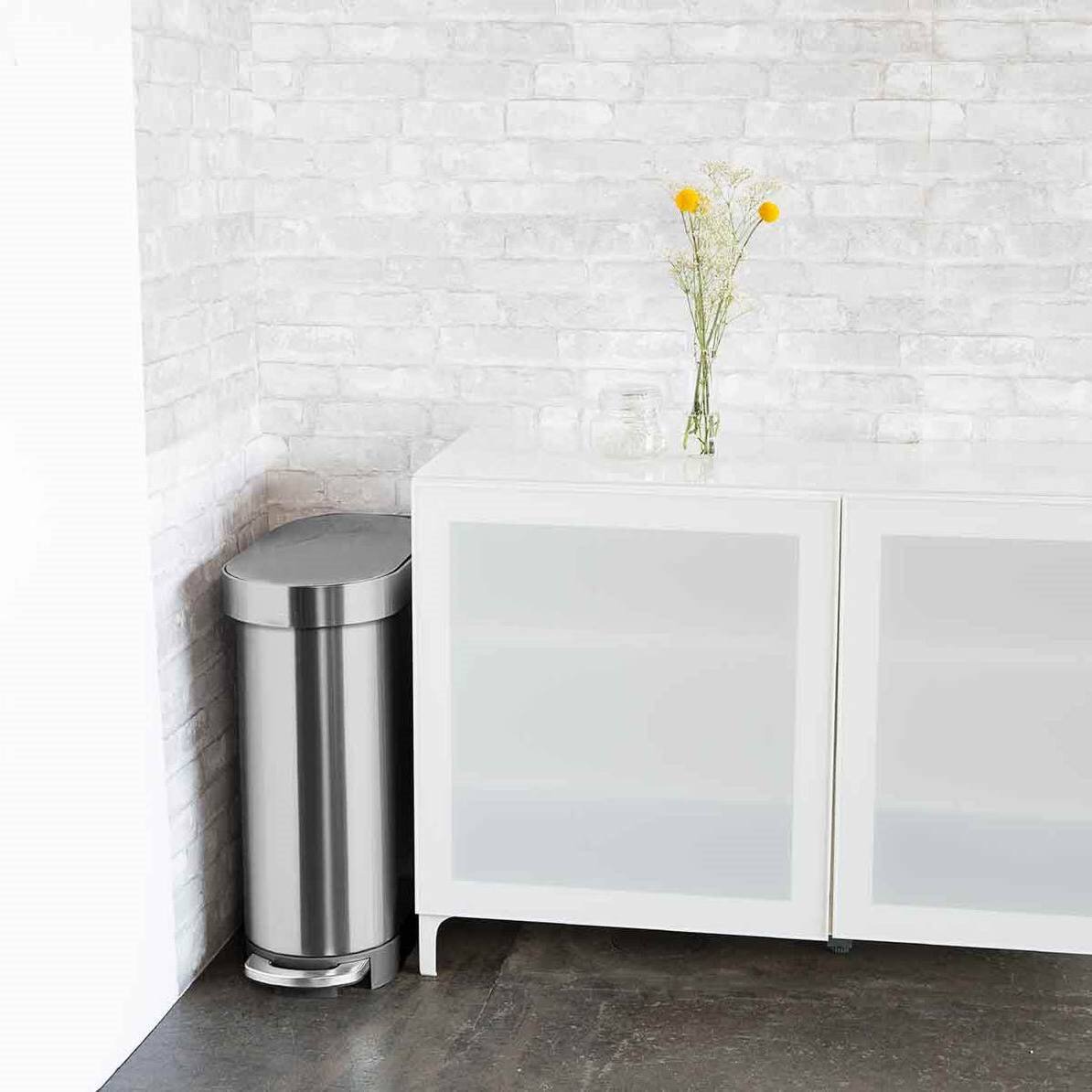 Back. SlickBlue - 12-Gallon Narrow Kitchen Trash Can in Stainless Steel, Easy Step-On Lid - Silver.