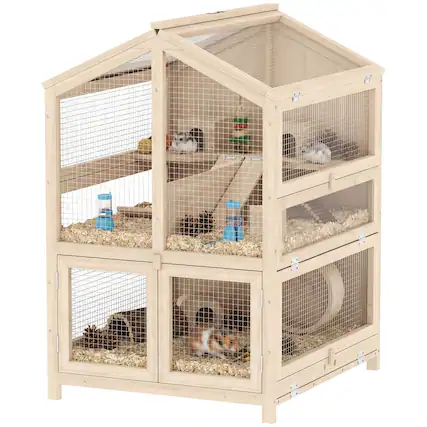Front. Pawhut - Hamster Cage, Large 3 Tier Hamster Cage w/ Pull-Out Tray, Openable Top, Hut, Seesaws - Natural, Black, Clear.