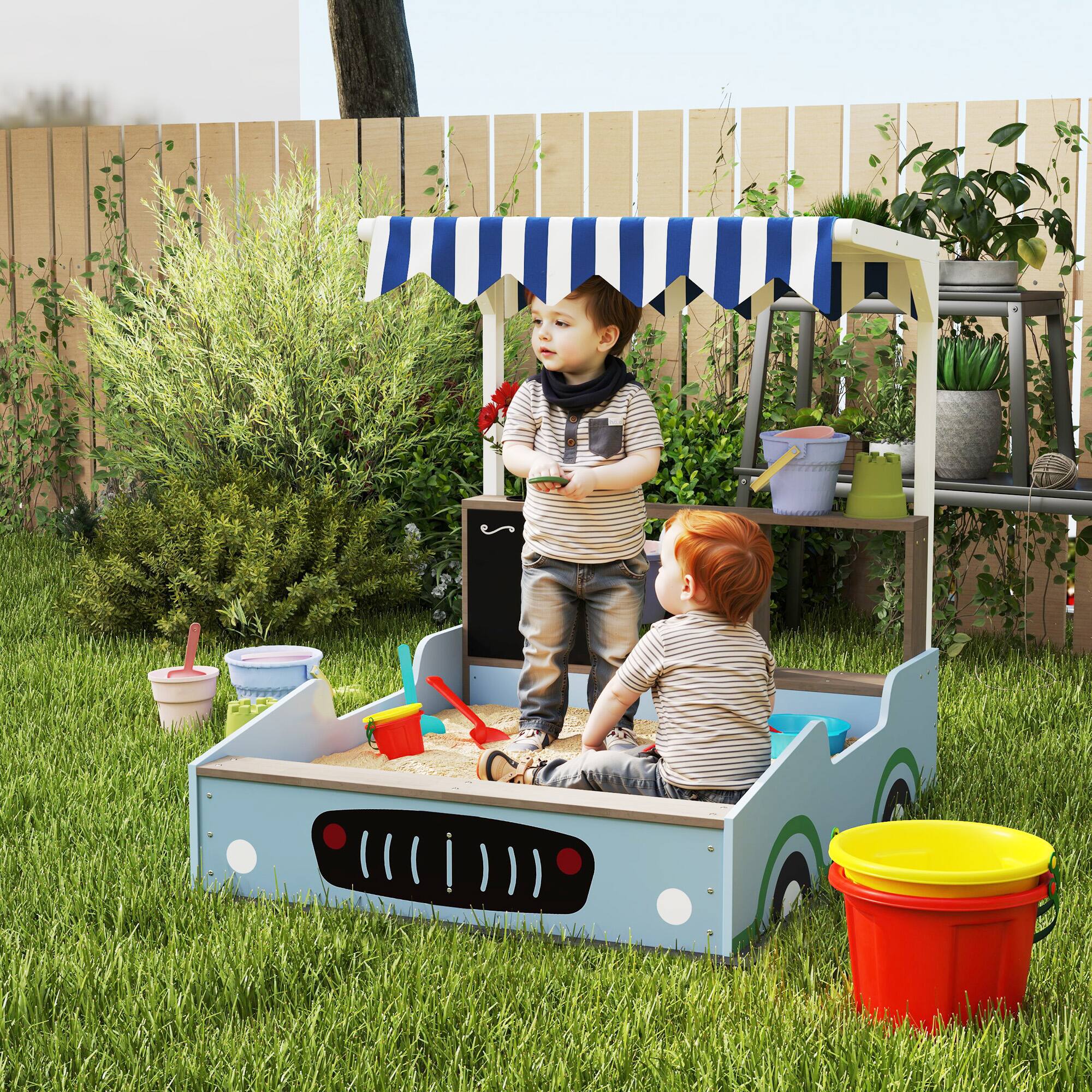 Alt View 4. Qaba - Kids Wooden Sandbox with Canopy, Bench Seats, Bottom Liner, Drawing Board, Planting Boxes, Backyard, Garden, Ages 3-7.