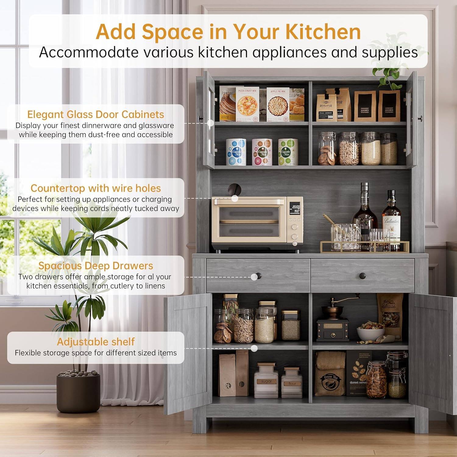 Add Space in Your Kitchen  
Accommodate various kitchen appliances and supplies  

Elegant Glass Door Cabinets  
Display your finest dinnerware and glassware while keeping them dust-free and accessible  

Countertop with wire holes  
Perfect for setting up appliances or charging devices while keeping cords neatly tucked away  

Spacious Deep Drawers  
Two drawers offer ample storage for all your kitchen essentials, from cutlery to linens  

Adjustable shelf  
Flexible storage space for different sized items
